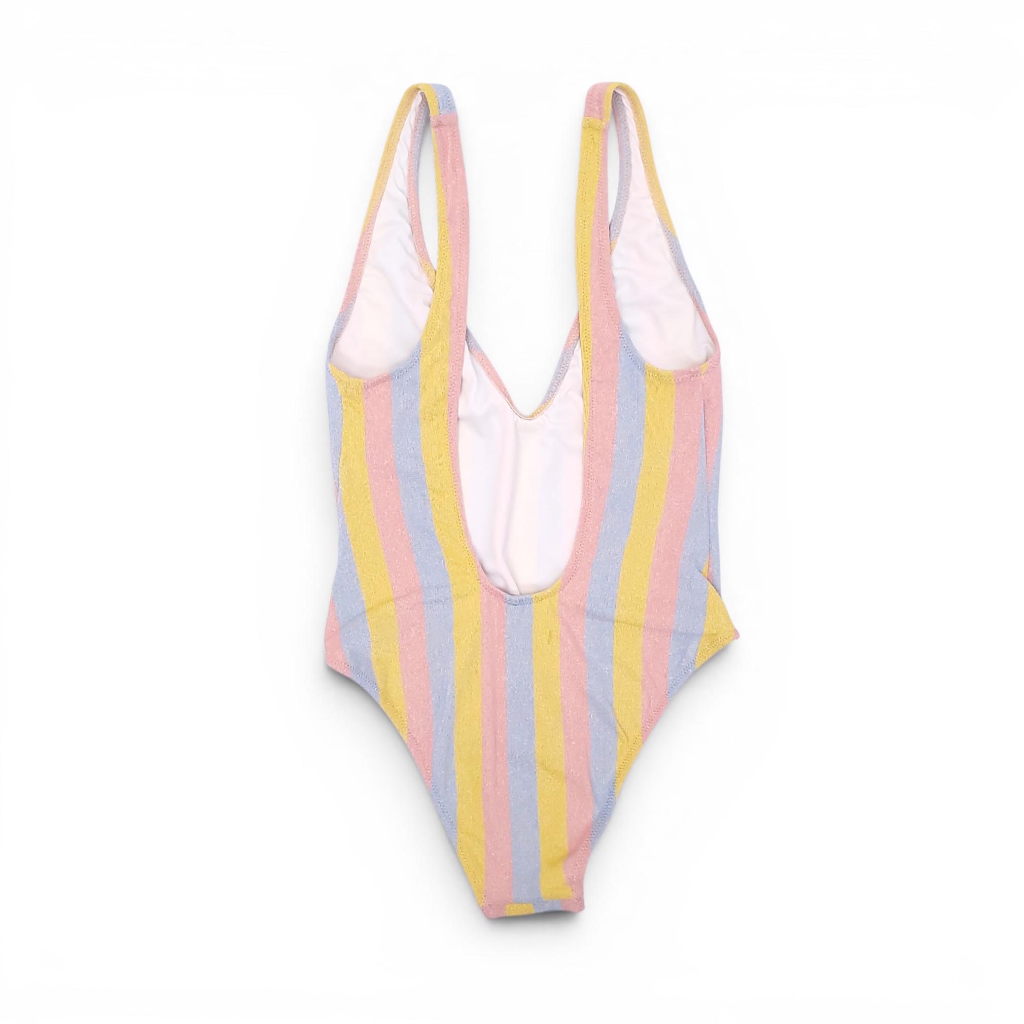 SOLID & STRIPED PINK, BLUE, AND YELLOW STRIPED ONE-PIECE SWIMSUIT - SIZE S