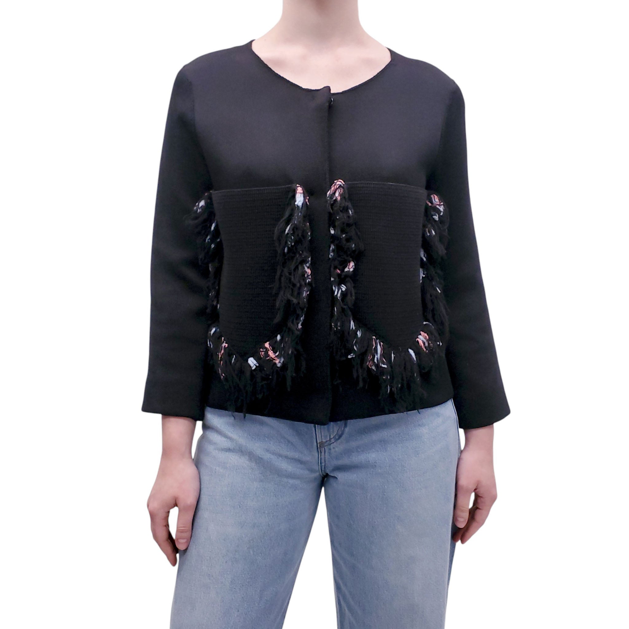 SONIA RYKIEL BLACK CARDIGAN WITH BLUE AND PINK FRINGE DETAILS - SIZE S
