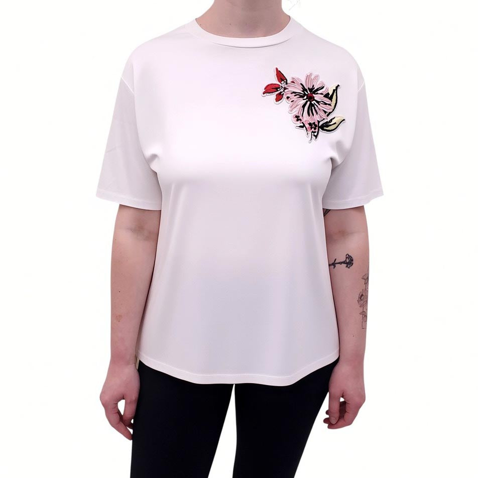 SPORTMAX WHITE T-SHIRT WITH EMBROIDERED FLORAL DETAIL - SIZE S