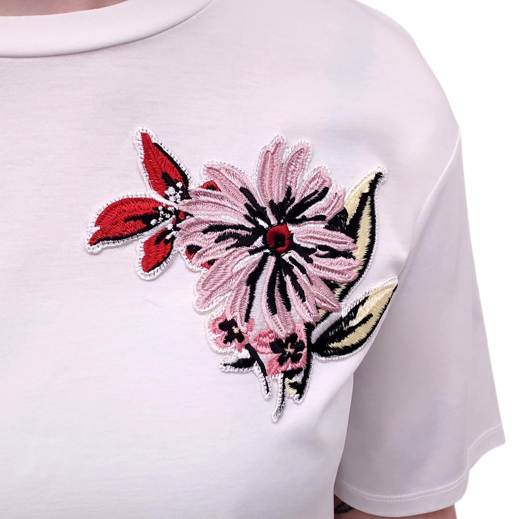 SPORTMAX WHITE T-SHIRT WITH EMBROIDERED FLORAL DETAIL - SIZE S