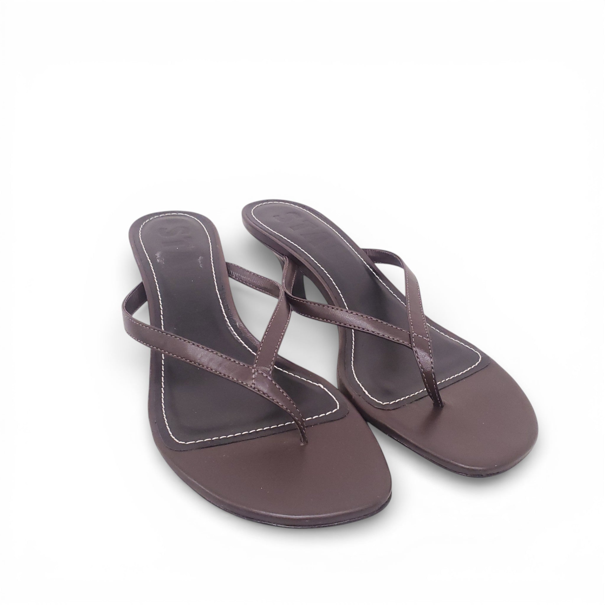 STAUD BROWN LEATHER THONG KITTEN HEEL SANDALS - SIZE 39