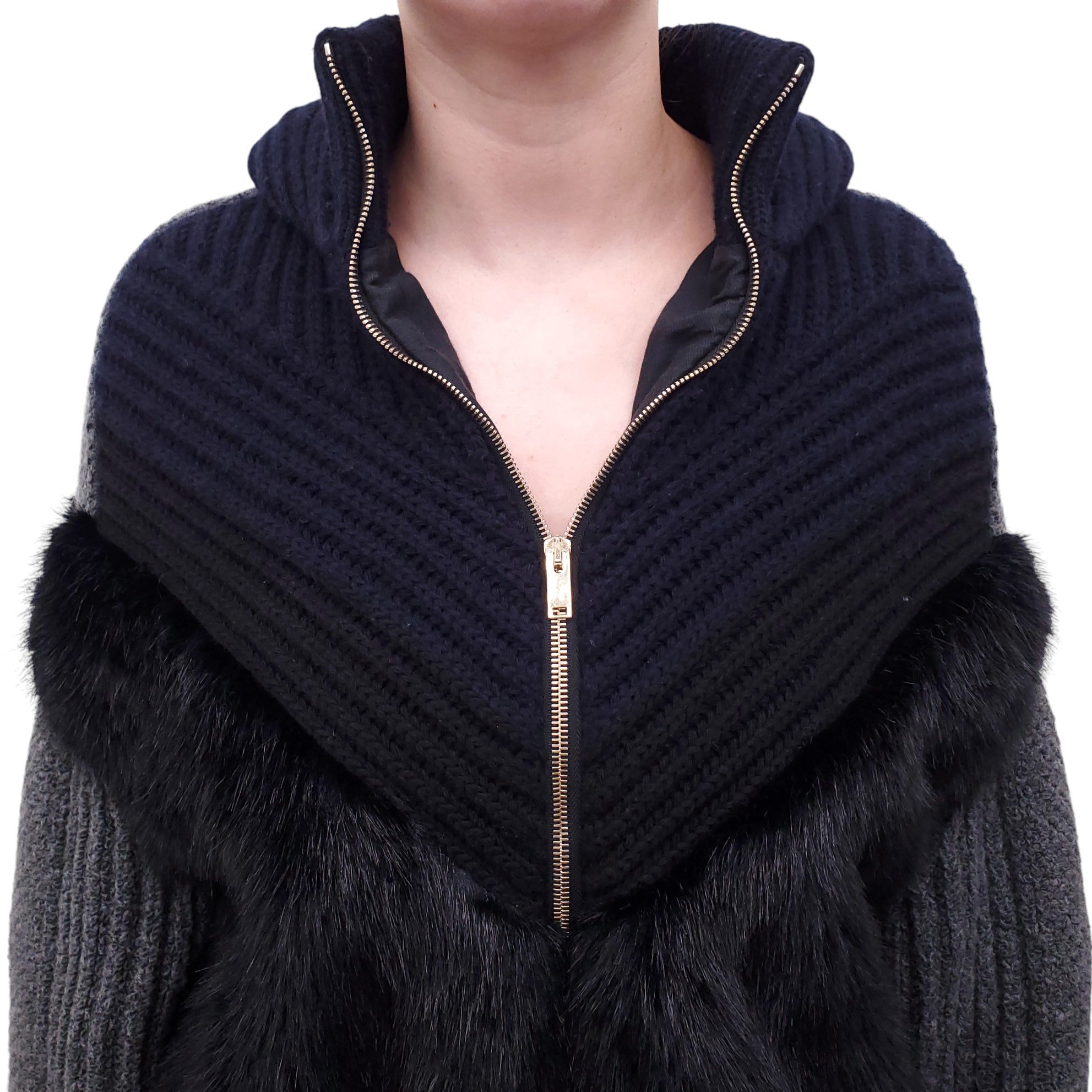 STELLA MCCARTNEY NAVY FUR HALF ZIP SWEATER - SIZE 40