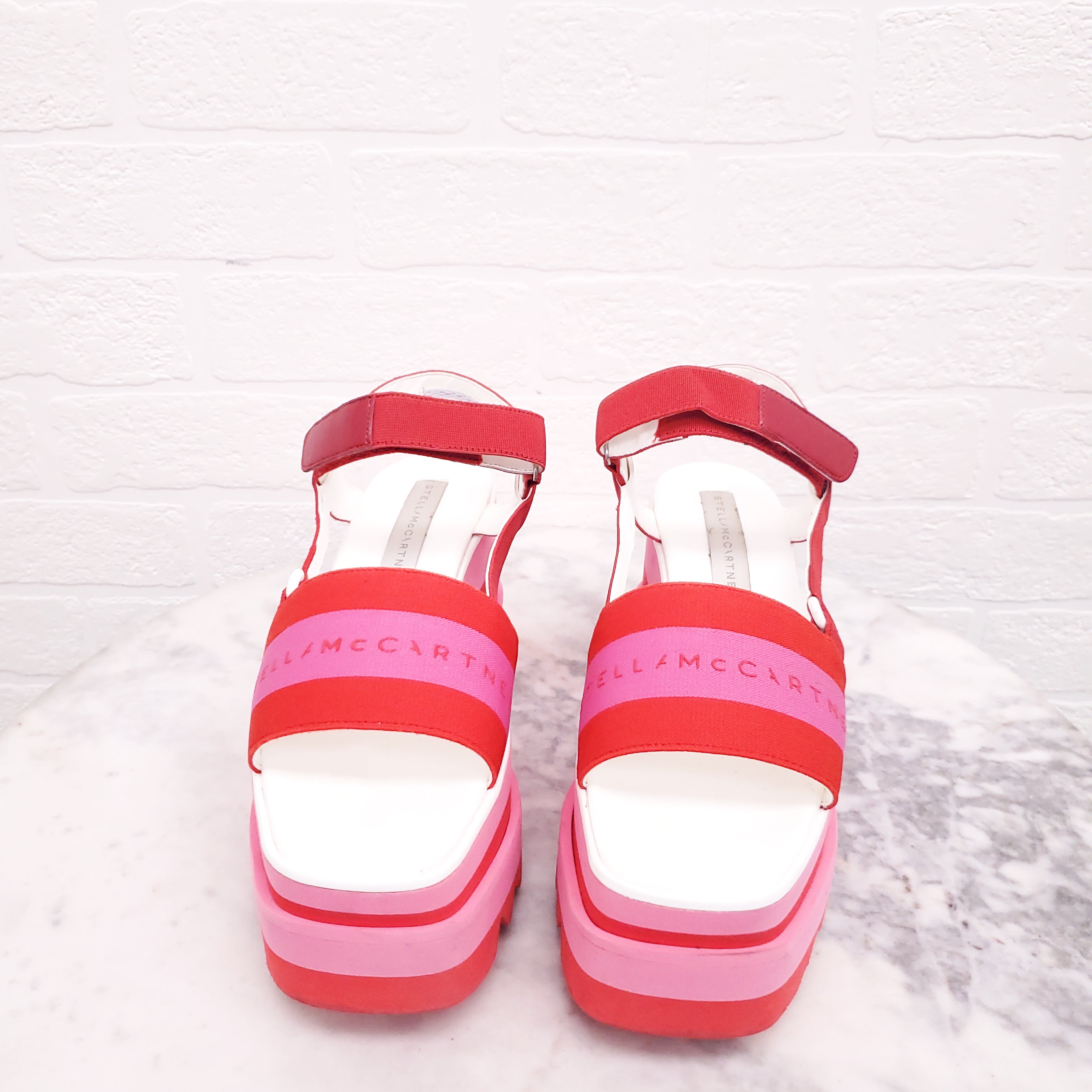 STELLA MCCARTNEY PINK AND RED LOGO PLATFORM SANDALS - SIZE 37