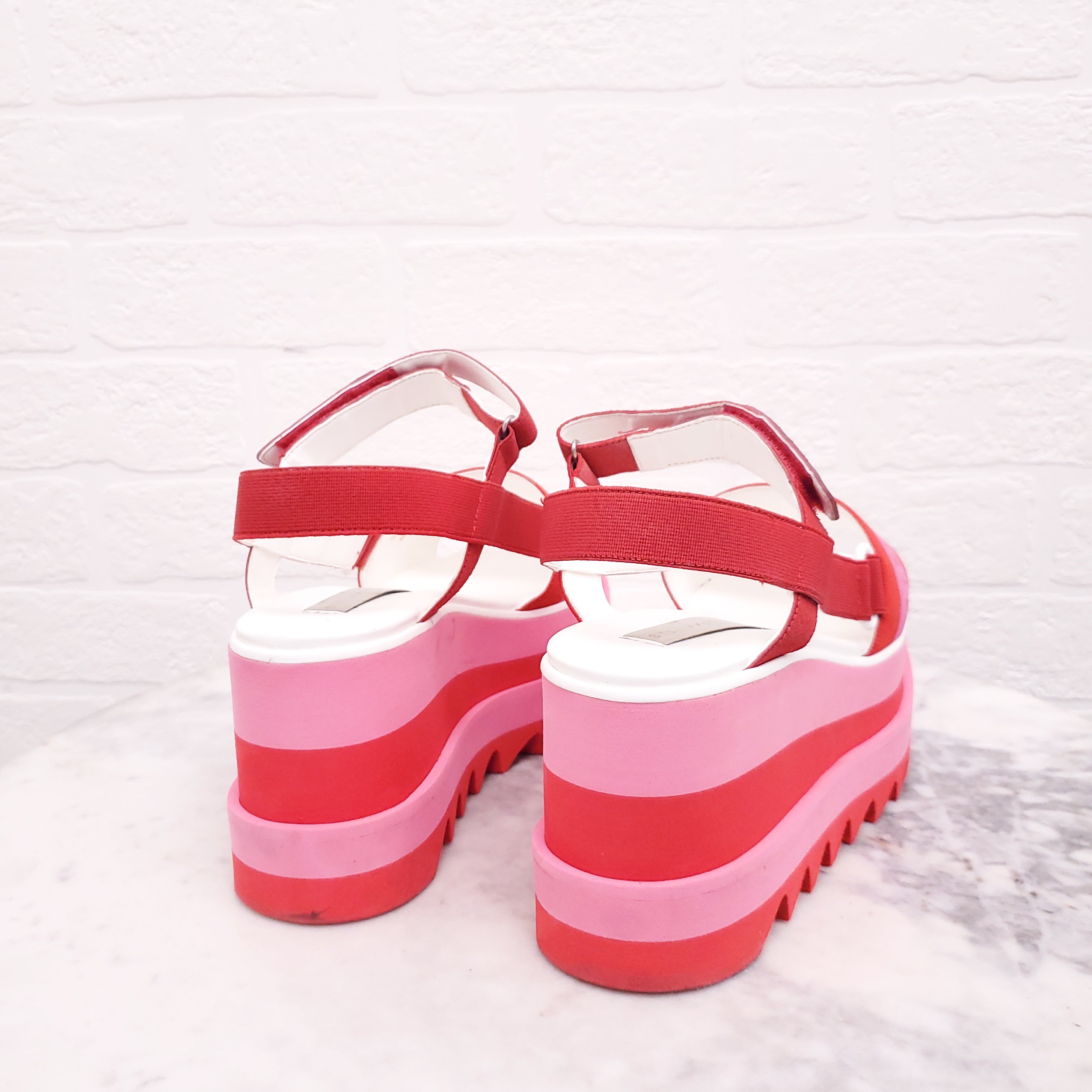 STELLA MCCARTNEY PINK AND RED LOGO PLATFORM SANDALS - SIZE 37