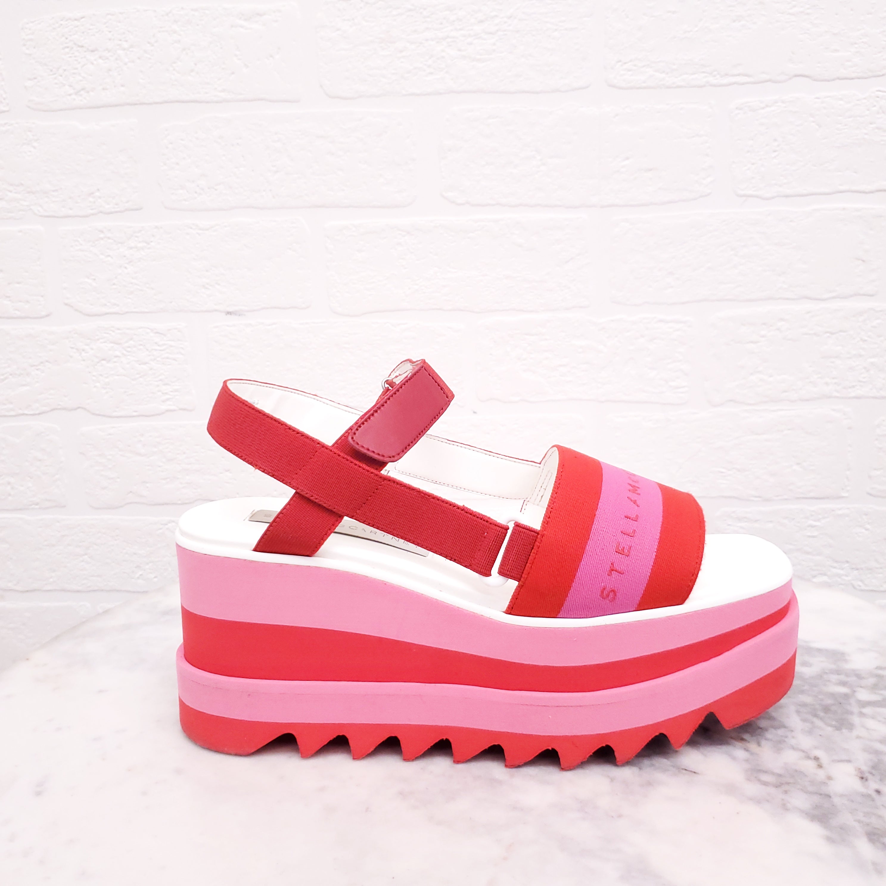 STELLA MCCARTNEY PINK AND RED LOGO PLATFORM SANDALS - SIZE 37