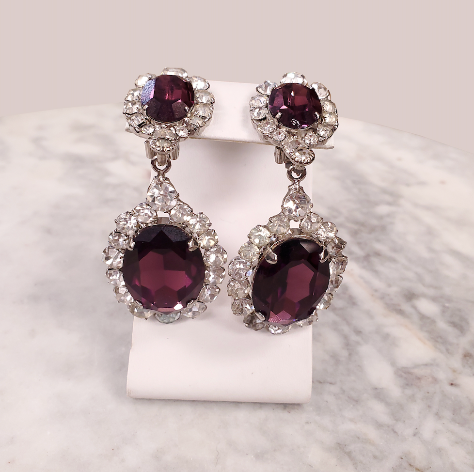 ROBERT SORRELL DIAMOND AND AMETHYST-COLOURED DANGLE RHINESTONE EARRINGS