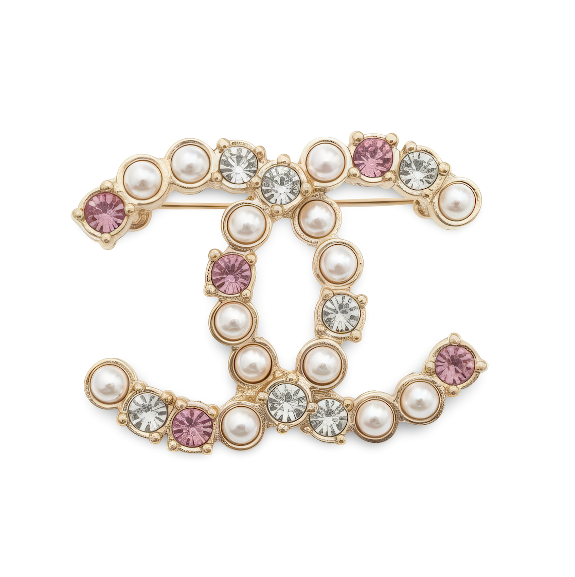 CHANEL CC PEARL AND PINK CRYSTAL BROOCH