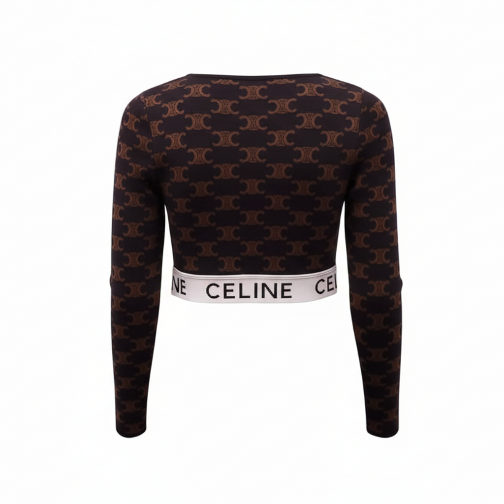 CELINE BROWN MONOGRAM CROPPED KNIT SHIRT - SIZE S