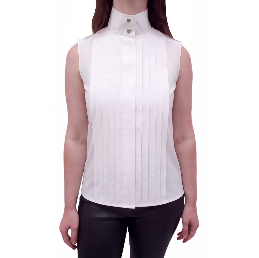 CHANEL WHITE COTTON SLEEVELESS BLOUSE WITH PEARL CC LOGO - SIZE 34