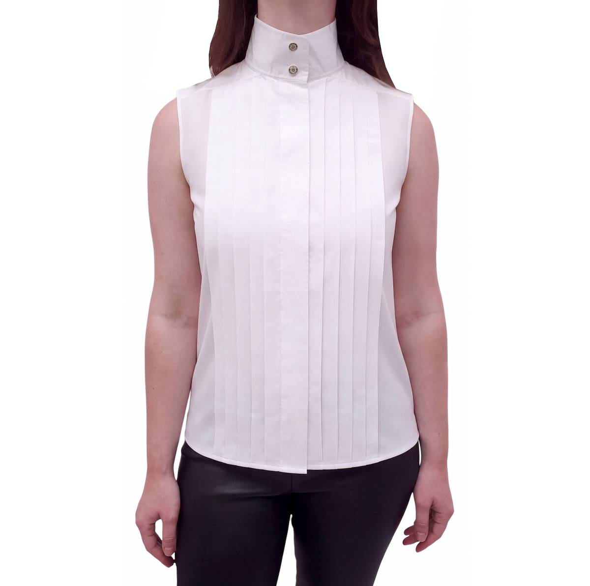 CHANEL WHITE COTTON SLEEVELESS BLOUSE WITH PEARL CC LOGO - SIZE 34