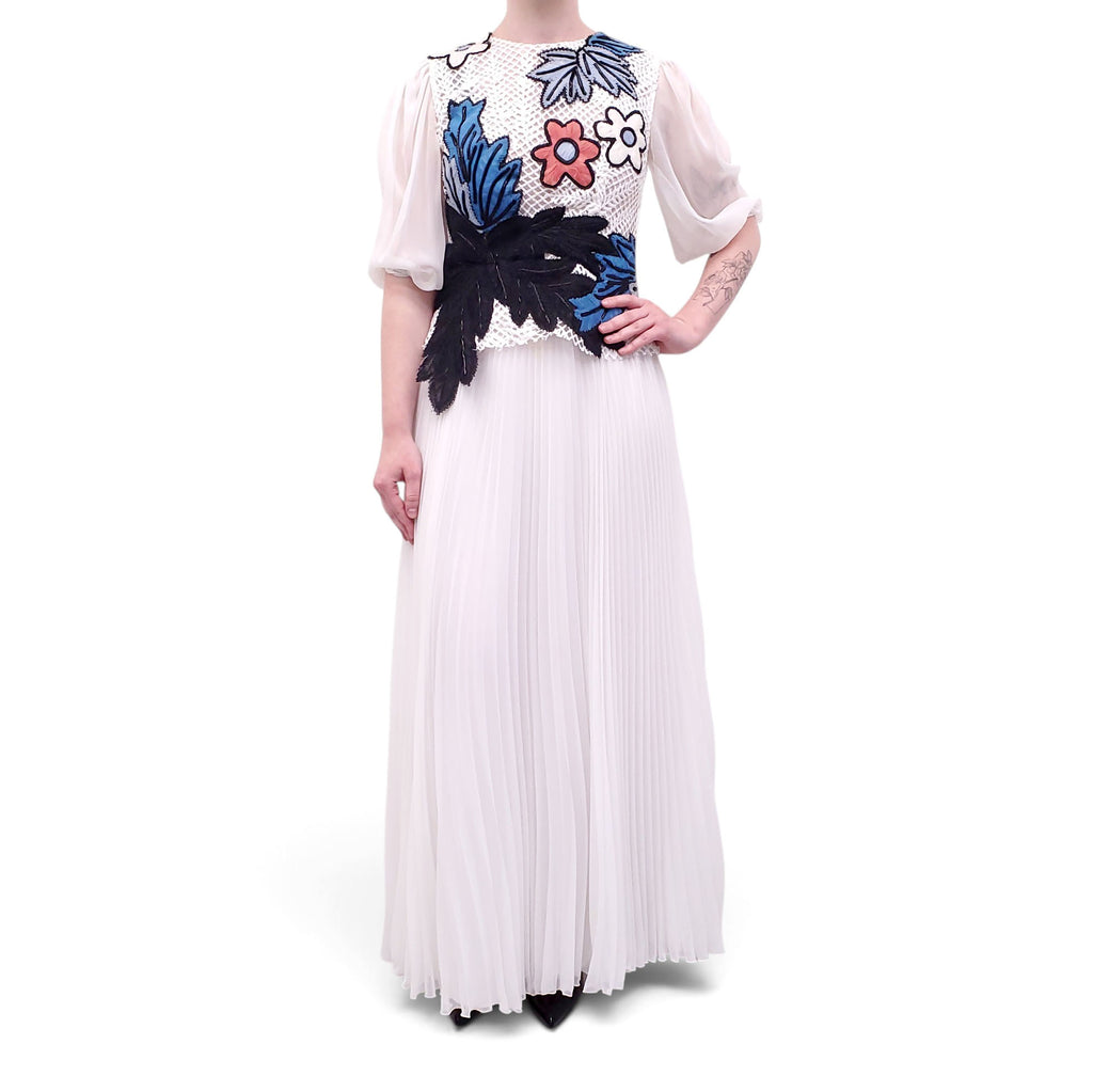 TALBOT RUNHOF WHITE EMBROIDERED PLEATED DRESS - SIZE 38