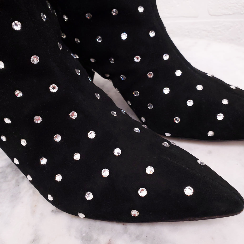 THE ATTICO BLACK SUEDE SWAROVSKI EMBELLISHED 'SOFIA' BOOTIES - SIZE 37