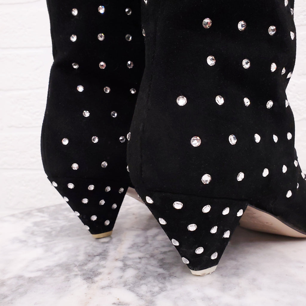 THE ATTICO BLACK SUEDE SWAROVSKI EMBELLISHED 'SOFIA' BOOTIES - SIZE 37
