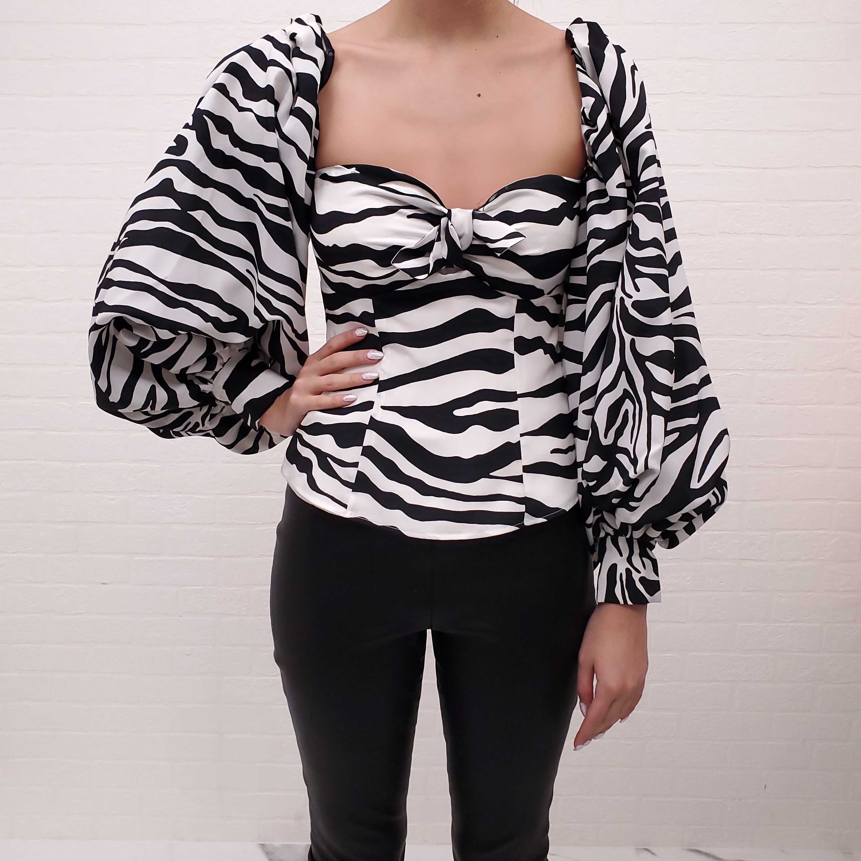 THE ATTICO ZEBRA PRINT BELL SLEEVE BUSTIER BLOUSE - SIZE 40