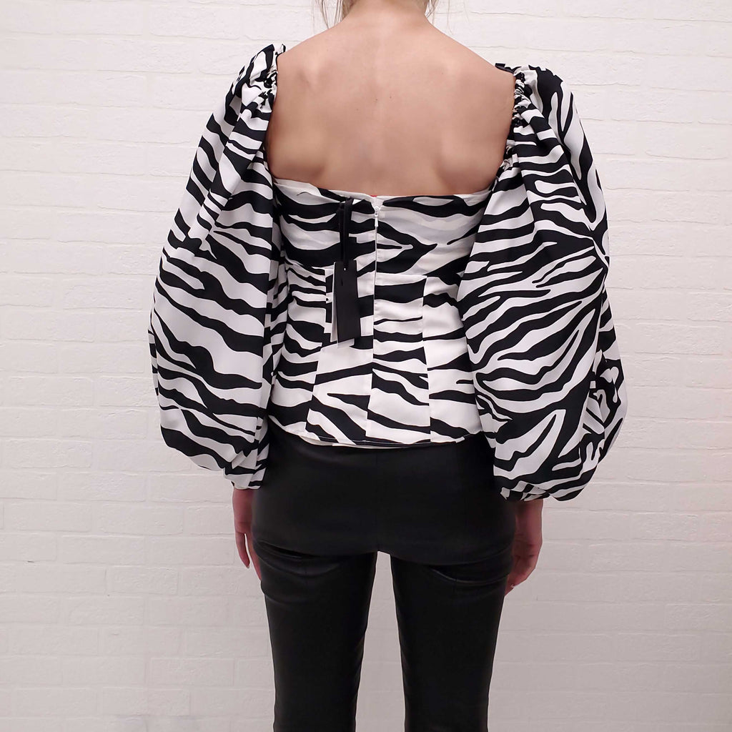 THE ATTICO ZEBRA PRINT BELL SLEEVE BUSTIER BLOUSE - SIZE 40