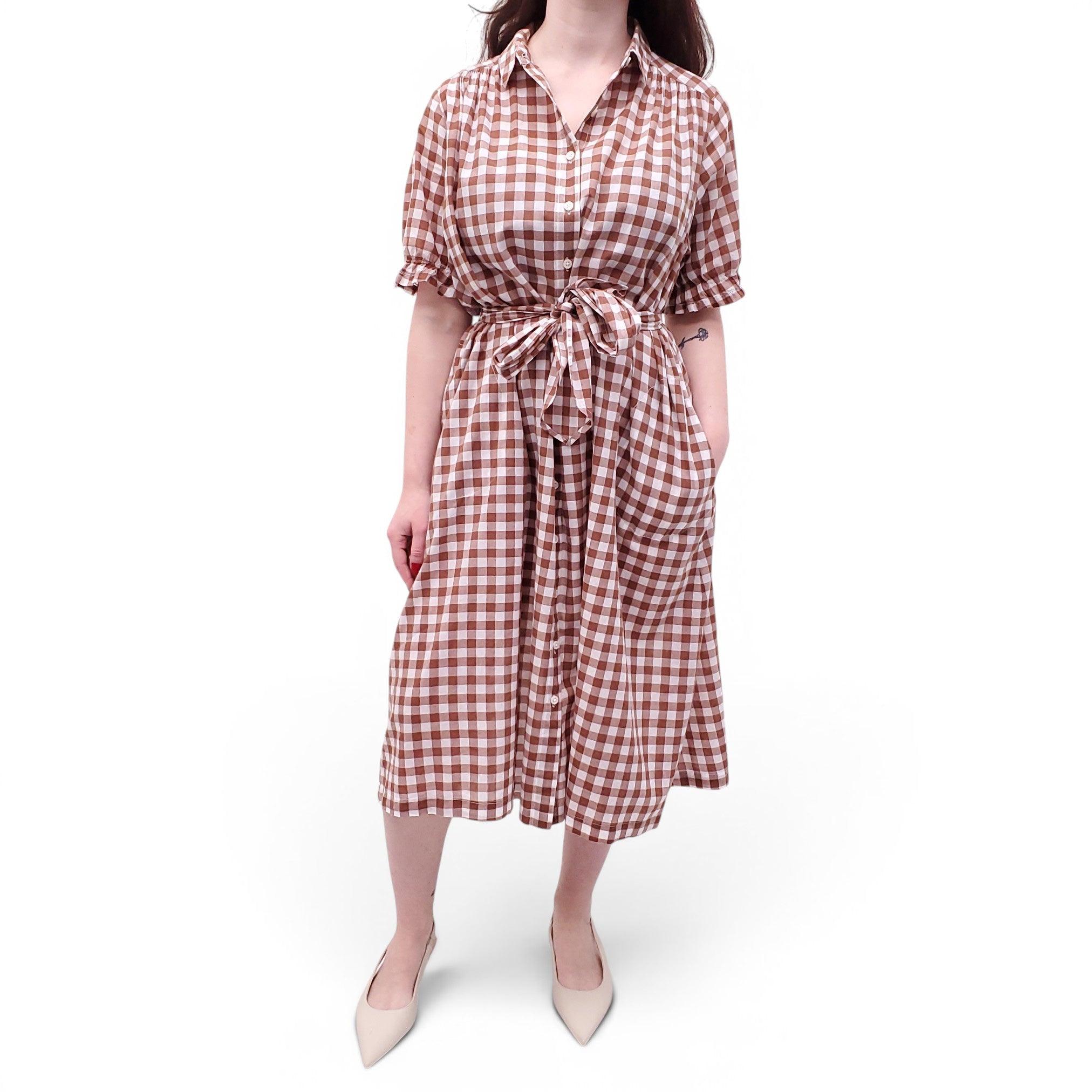 THE GREAT BROWN GINGHAM DRESS - SIZE 1/S