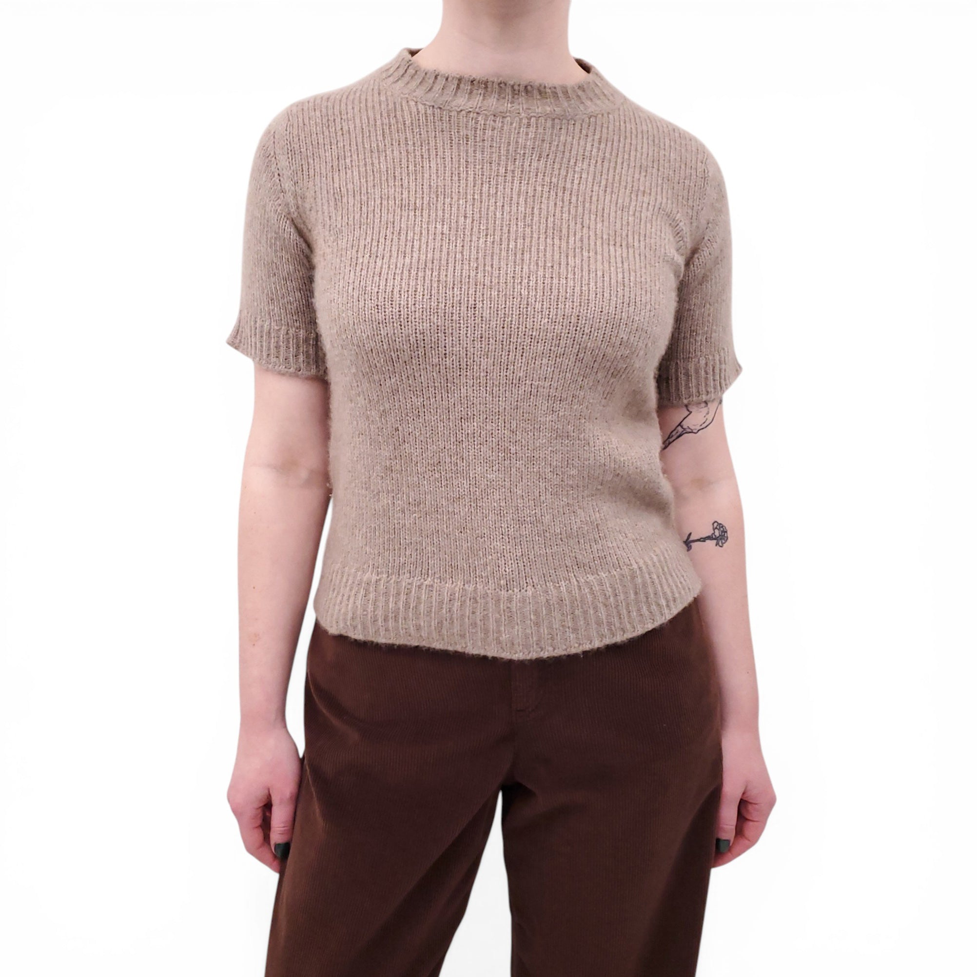 THE ROW TAUPE CASHMERE SHORT-SLEEVE SWEATER - SIZE XS