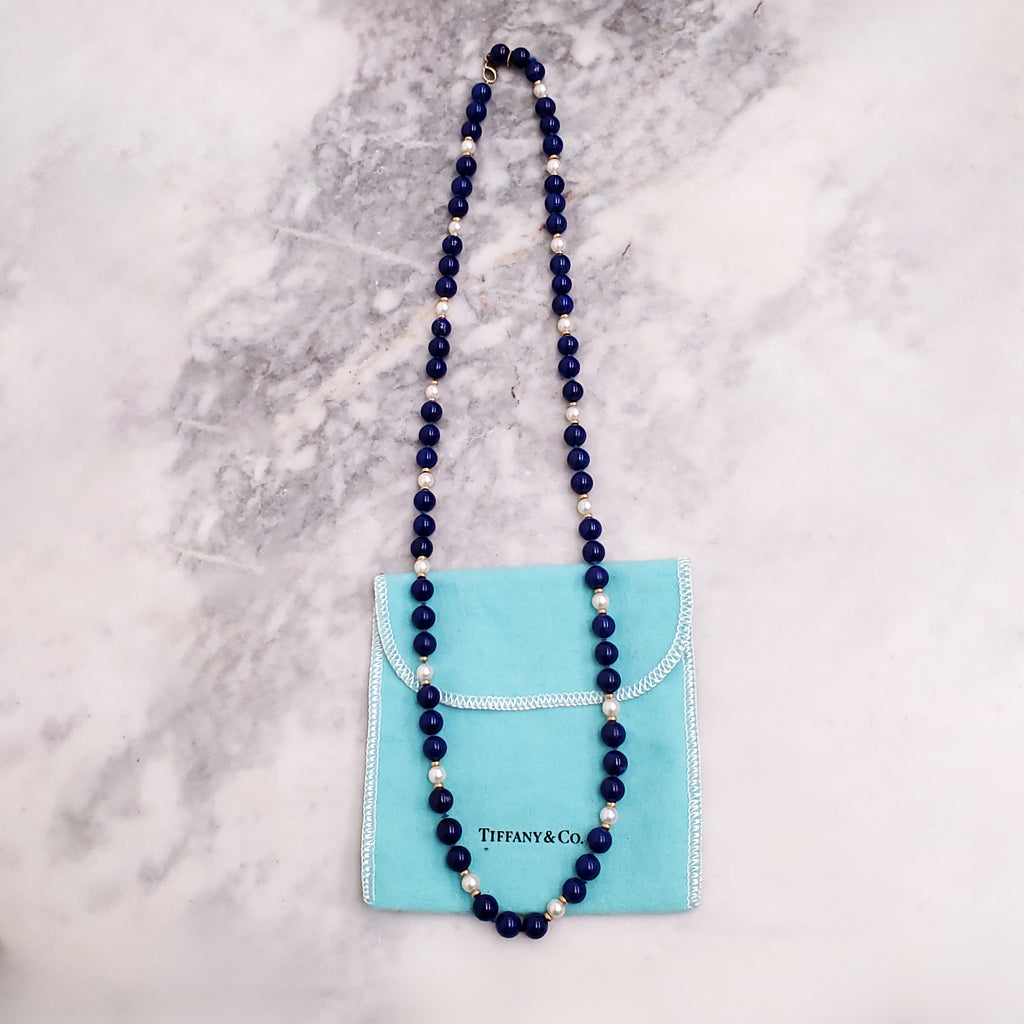 TIFFANY & CO 14K GOLD LAPIS LAZULI AND CULTURED PEARL NECKLACE