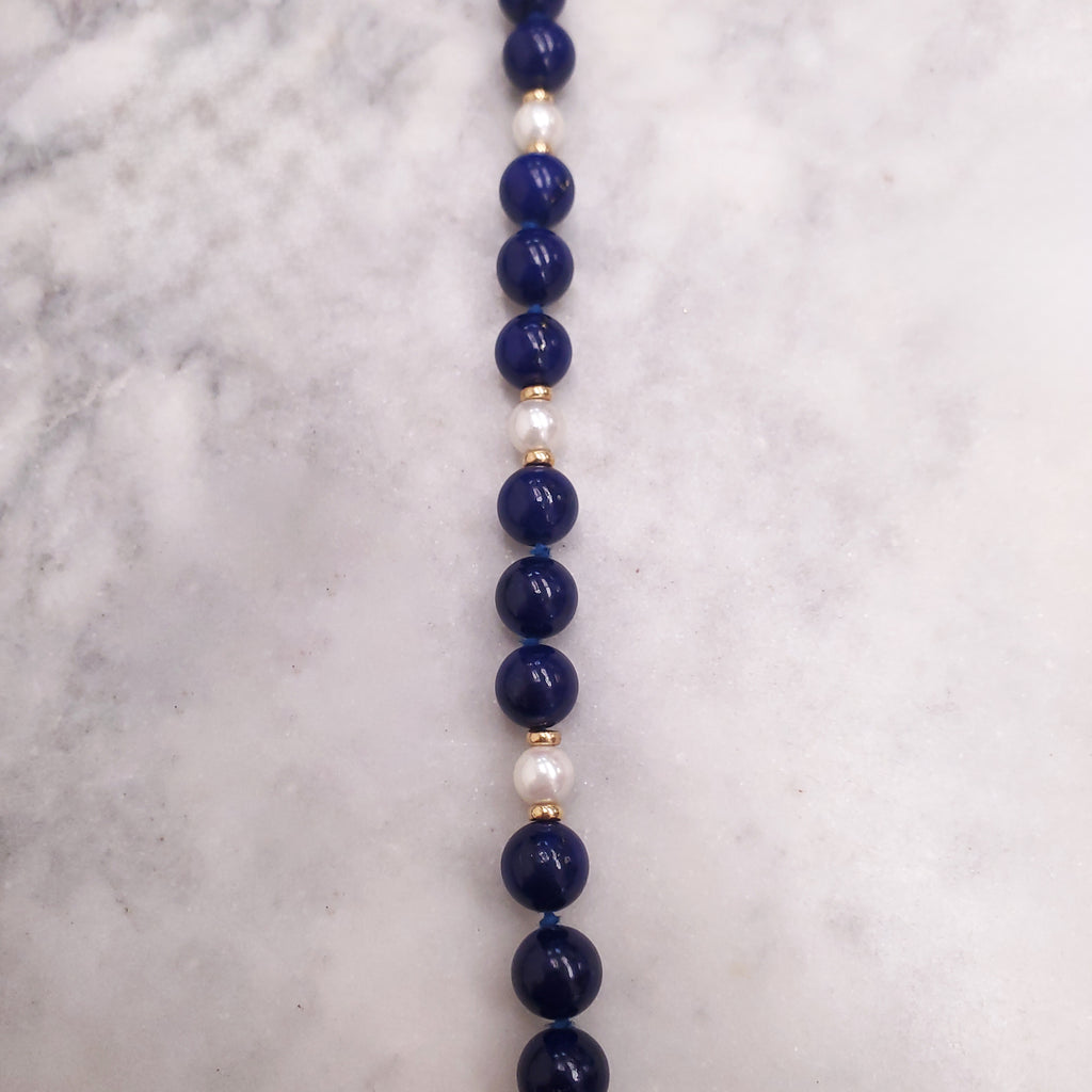 TIFFANY CO 14K GOLD LAPIS LAZULI AND CULTURED PEARL NECKLACE