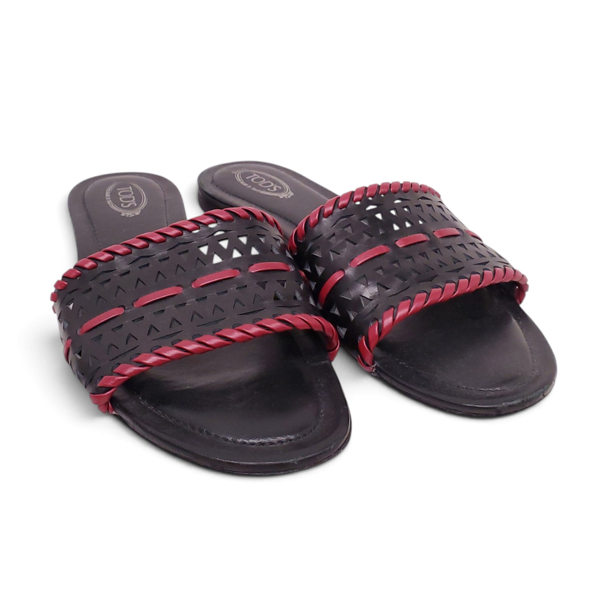 TOD'S BLACK AND RED LEATHER LASER CUT SLIDES - SIZE 38.5