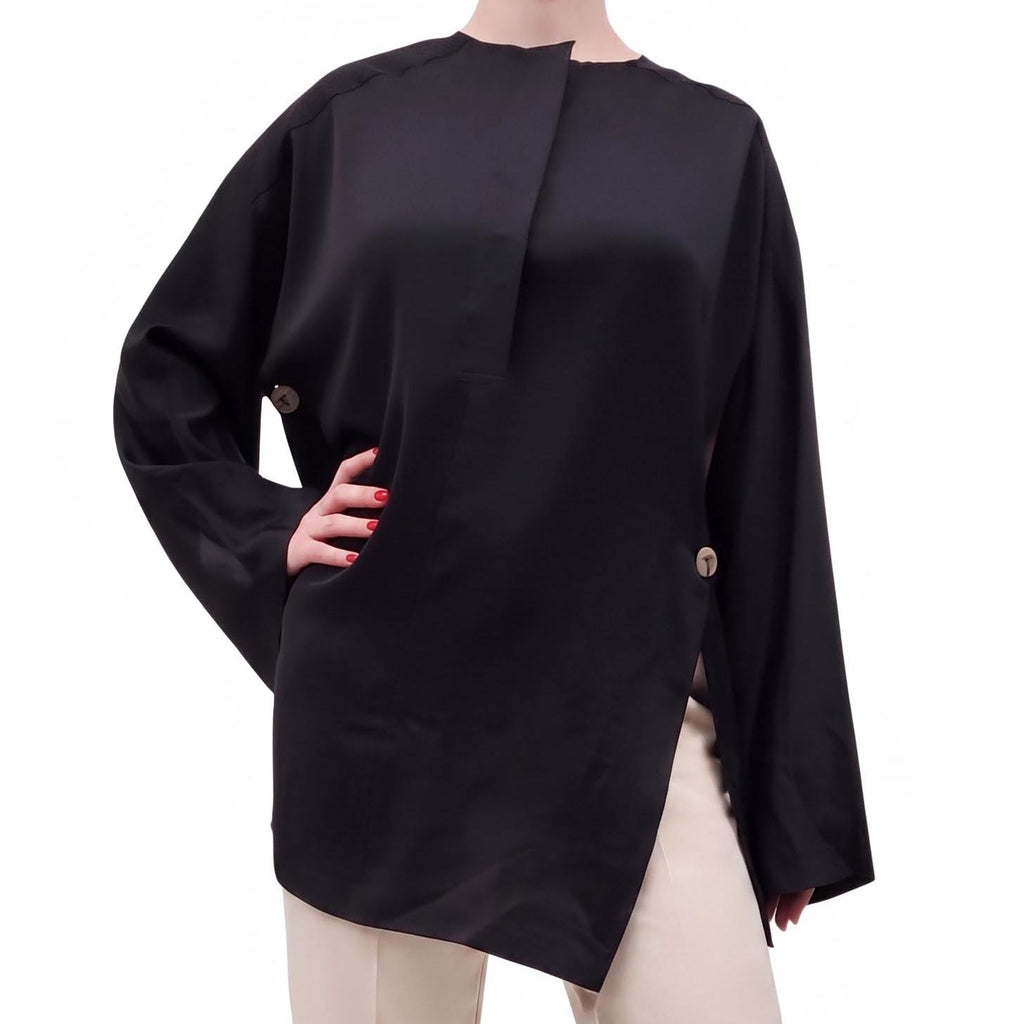 TOTEME BLACK SILK AND LINEN BUTTON BLOUSE - SIZE 38