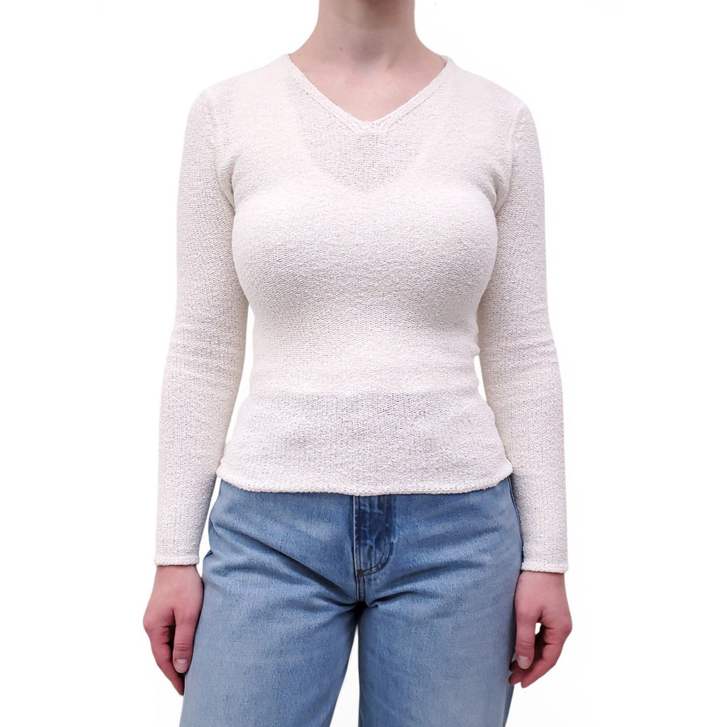 TOTEME WHITE V-NECK BOUCLÉ KNIT SWEATER - SIZE XXS