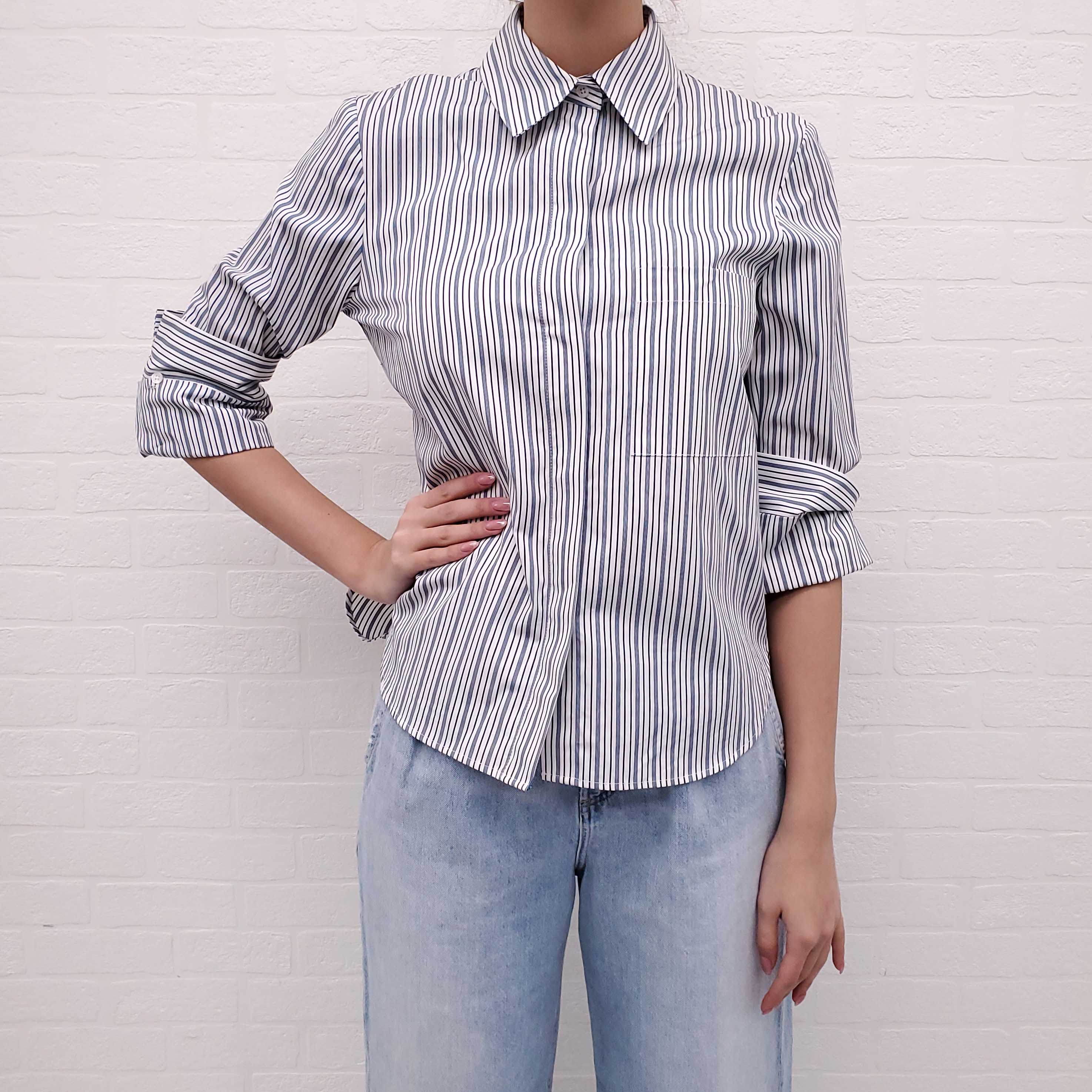 TWP BLUE STRIPED BUTTON UP BLOUSE - SIZE XS