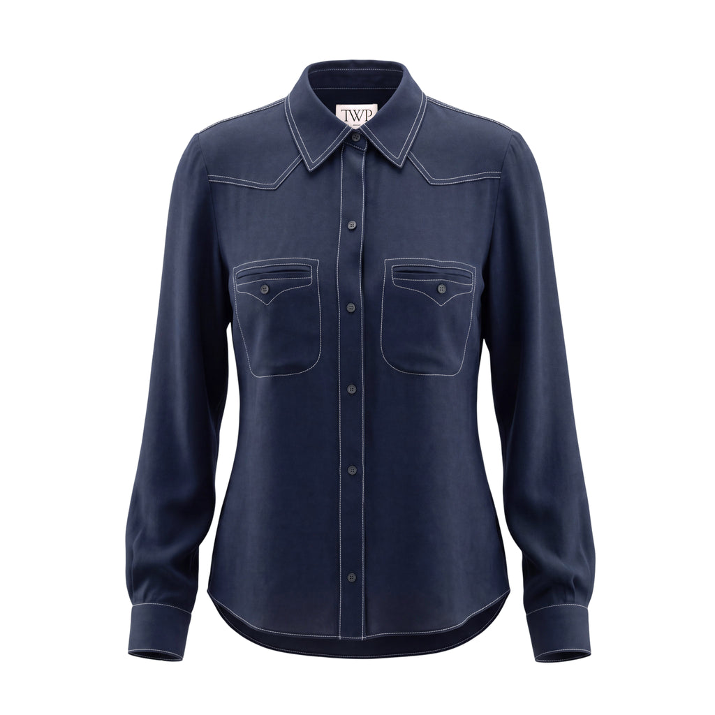 TWP NAVY BLOUSE WITH CREAM STITCHING - SIZE M