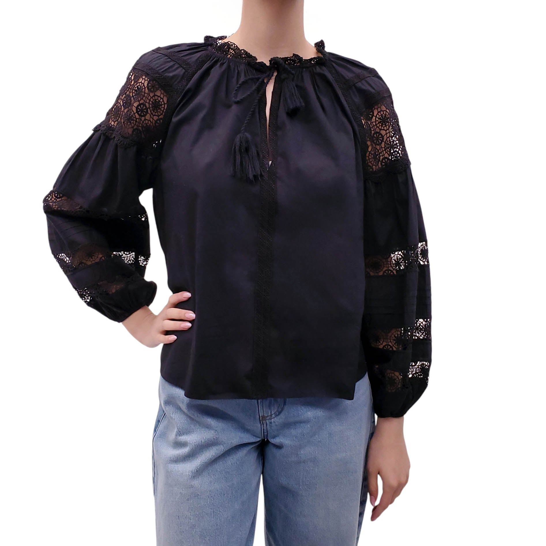ULLA JOHNSON BLACK BLOUSE WITH SHEER EYELET DETAIL - SIZE 0