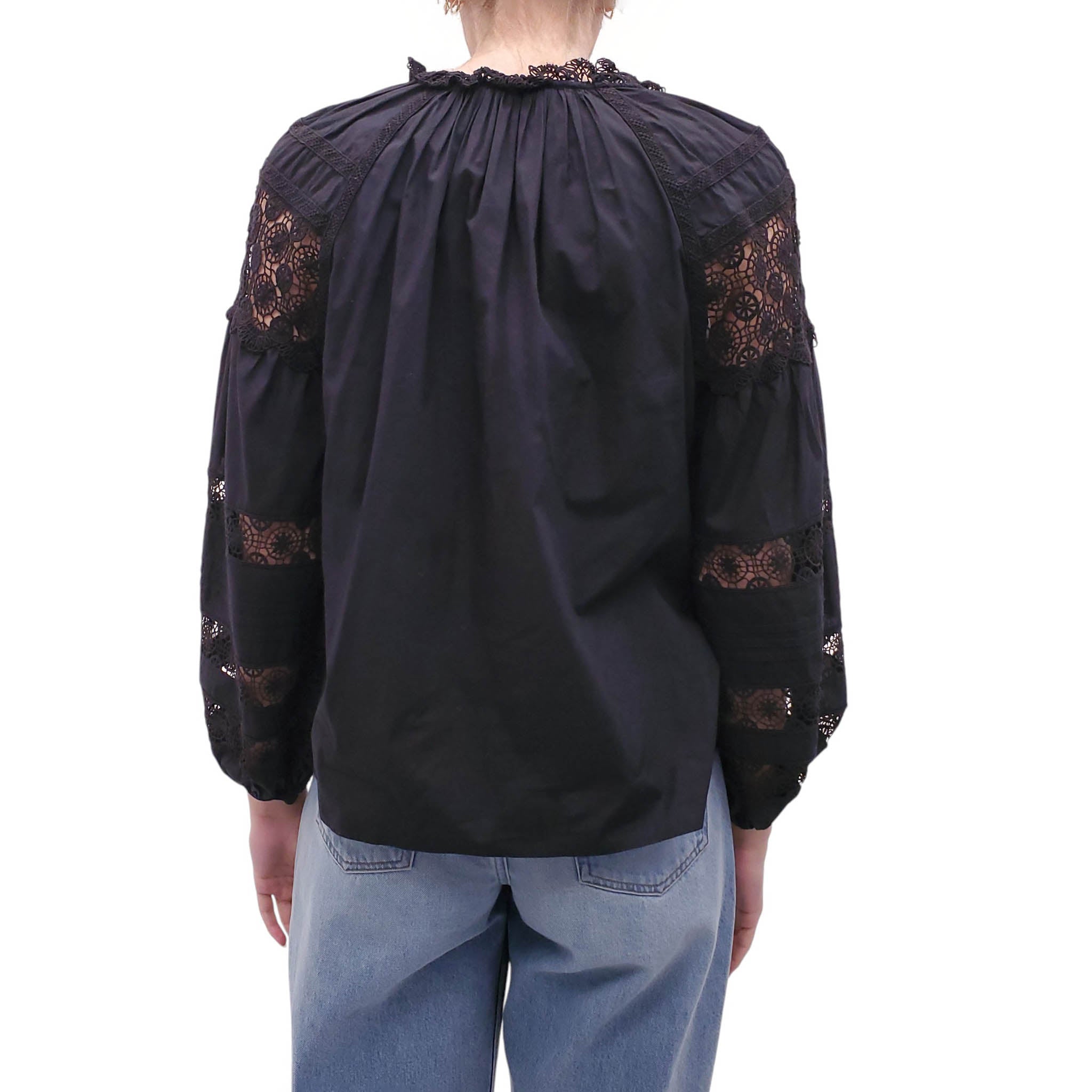 ULLA JOHNSON BLACK BLOUSE WITH SHEER EYELET DETAIL - SIZE 0
