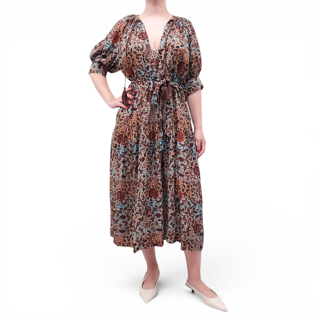 ULLA JOHNSON BLUE AND BROWN PATTERNED DRESS - SIZE M