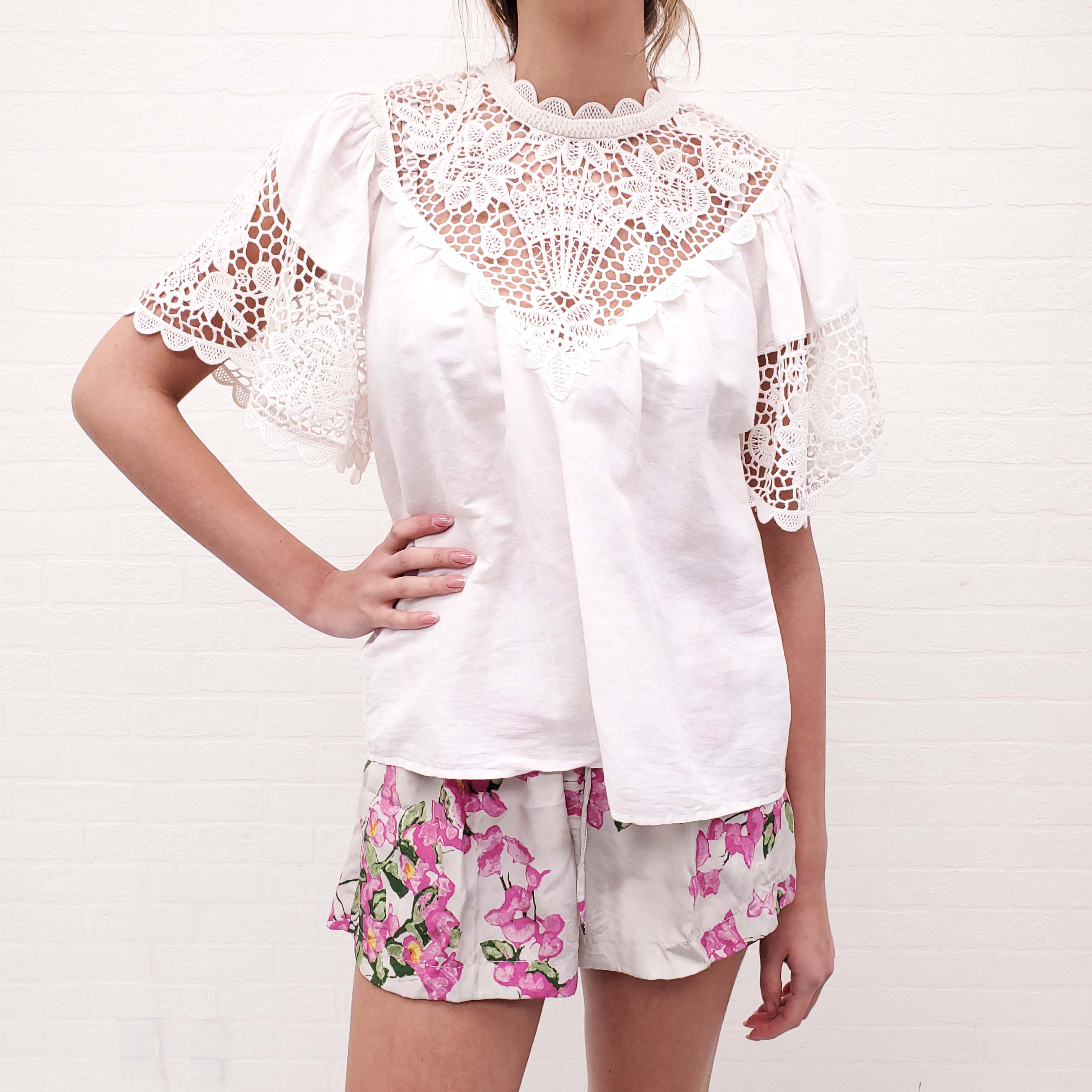 ULLA JOHNSON CREAM COTTON BLOUSE WITH LACE CROCHET DETAIL - SIZE 6