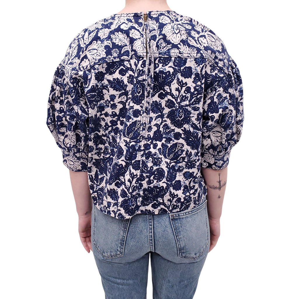 ULLA JOHNSON DENIM PATTERNED BLOUSE - SIZE 4