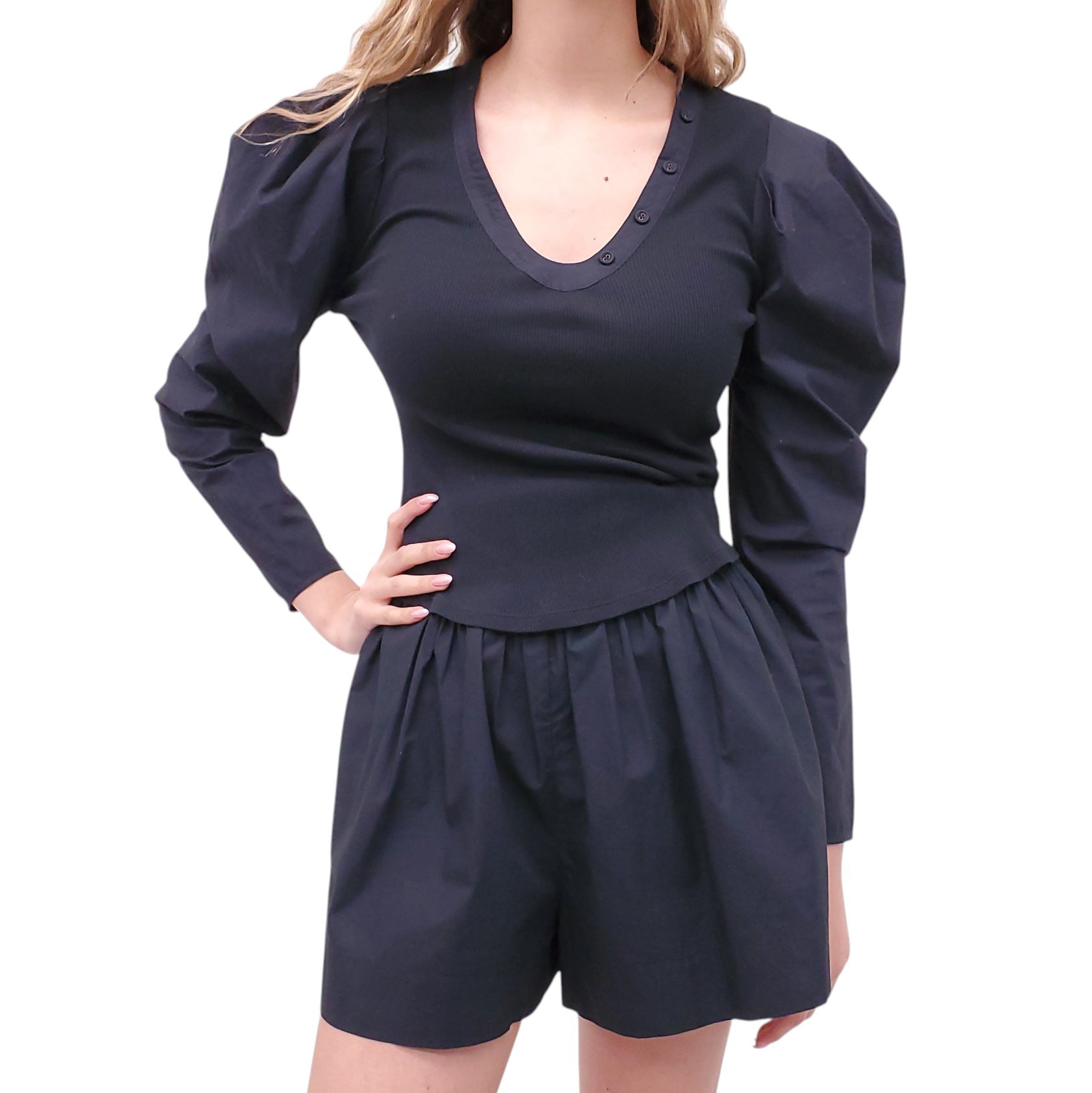 ULLA JOHNSON NAVY LONG SLEEVE AND SHORTS SET - SIZE S