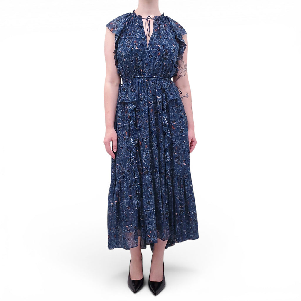 ULLA JOHNSON NAVY METALLIC PATTERNED DRESS - SIZE 6