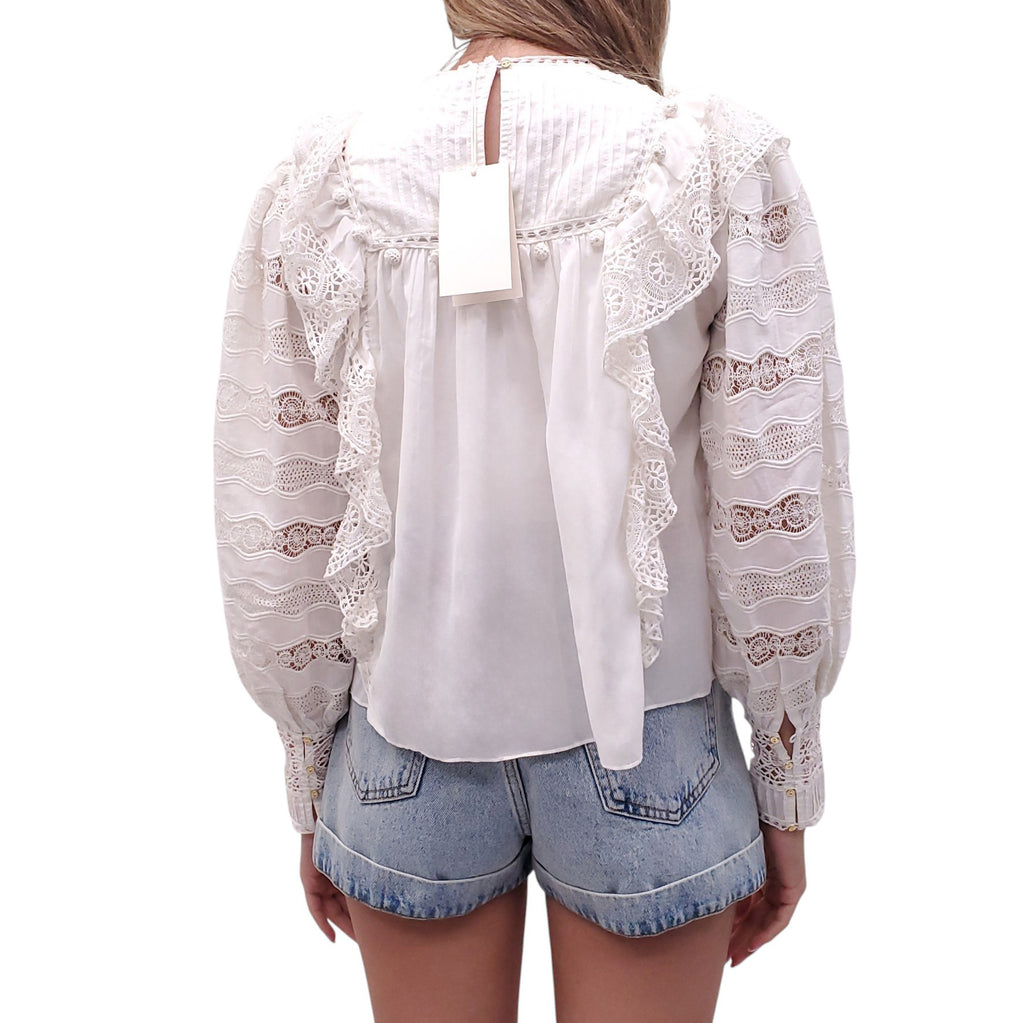 ULLA JOHNSON 'LILY' RUFFLED CROCHET-TRIMMED BLOUSE - SIZE 00