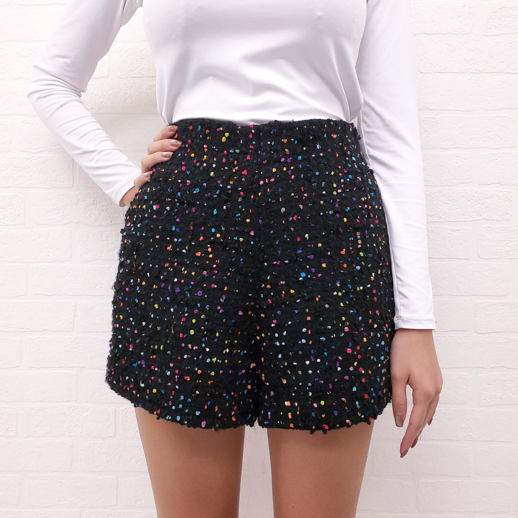 VALENTINO BLACK AND MULTI-COLOUR TWEED SHORTS - SIZE 42