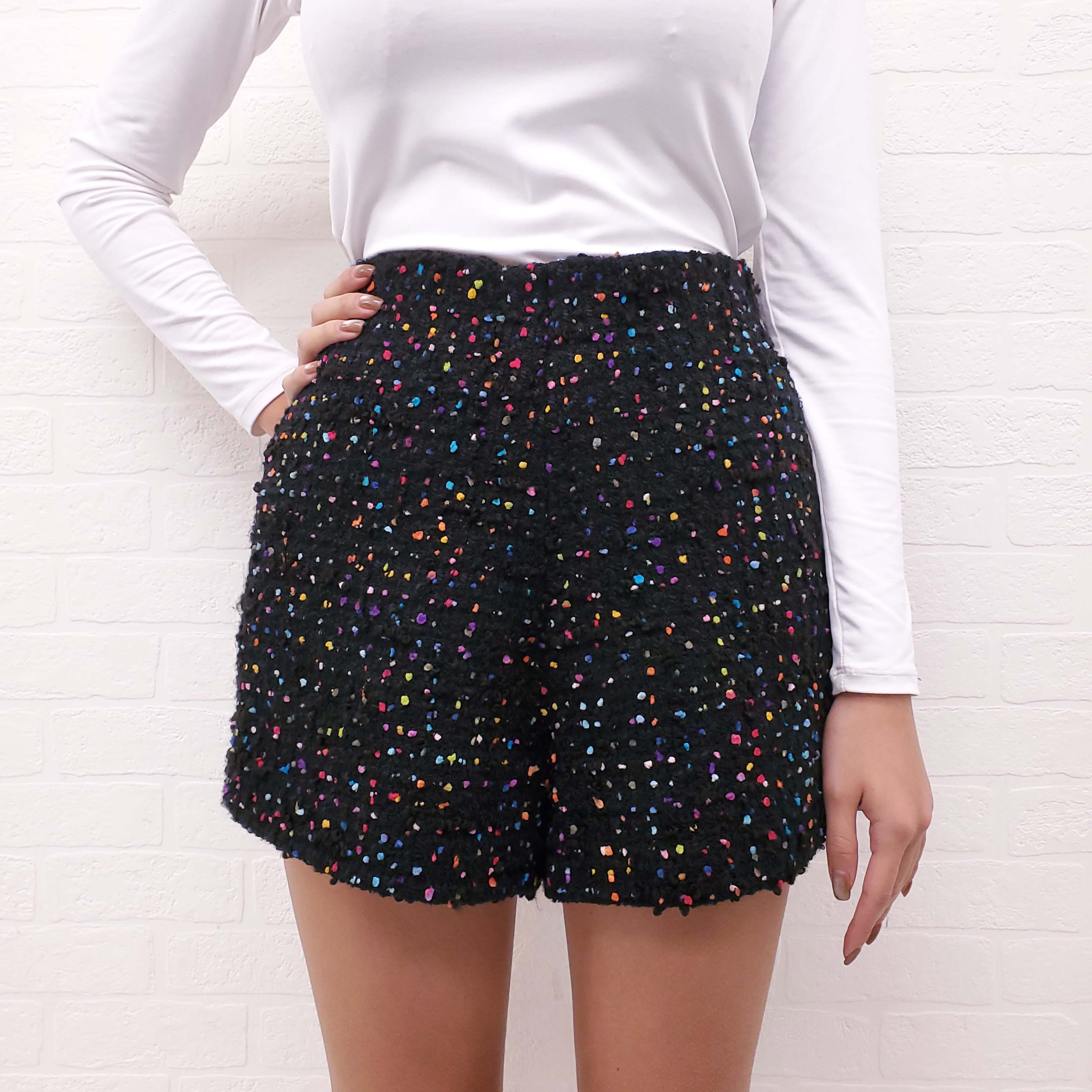 VALENTINO BLACK AND MULTI-COLOUR TWEED SHORTS - SIZE 42