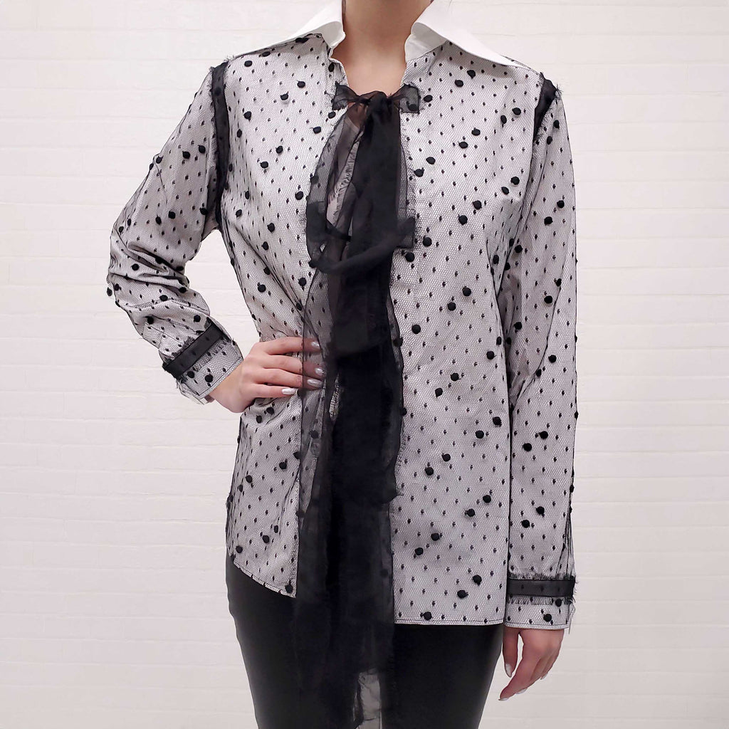 VALENTINO BLACK AND WHITE EMBELLISHED COTTON POPLIN BLOUSE - SIZE 40