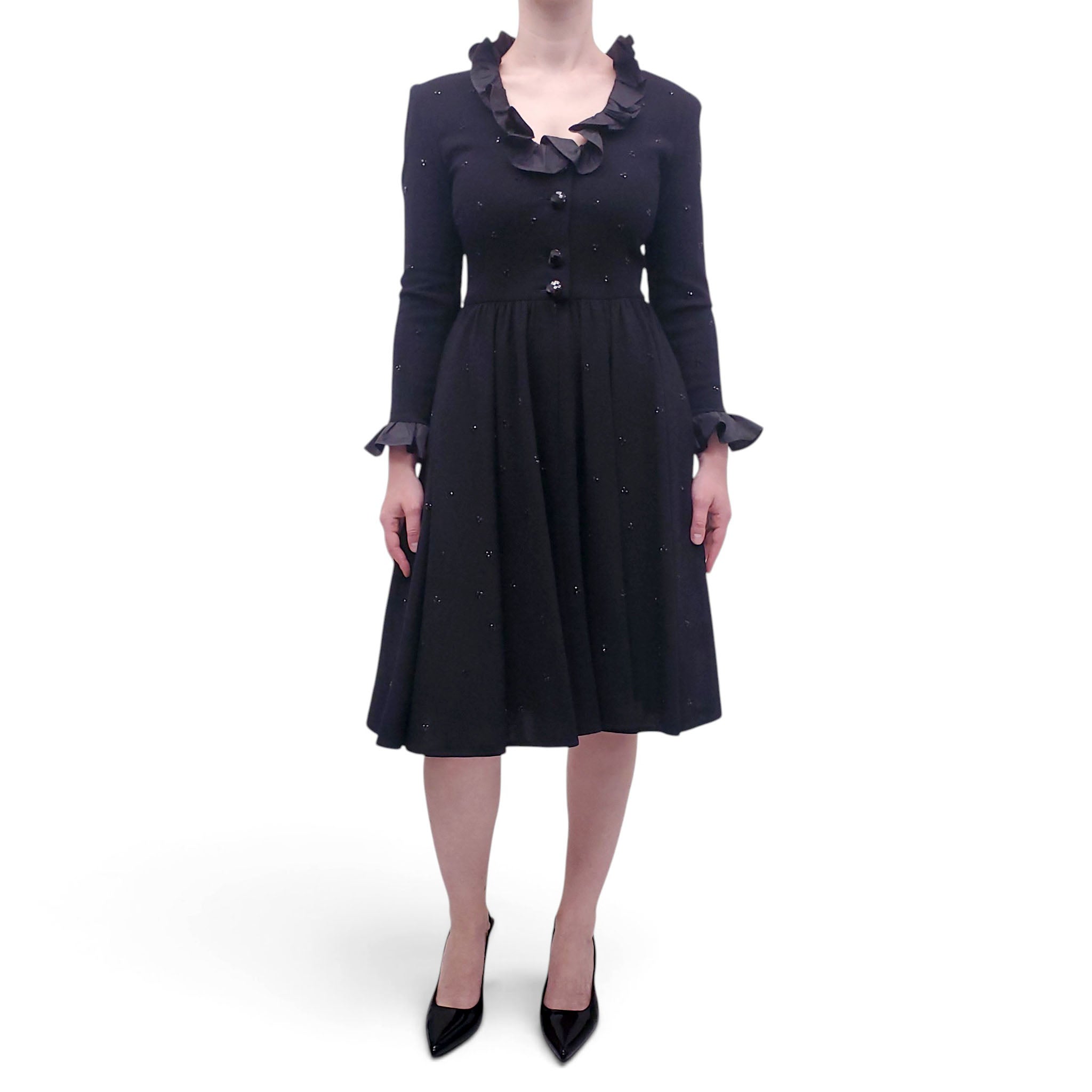 VALENTINO BLACK DRESS WITH CRYSTAL AND RUFFLE COLLAR DETAILS - SIZE 6