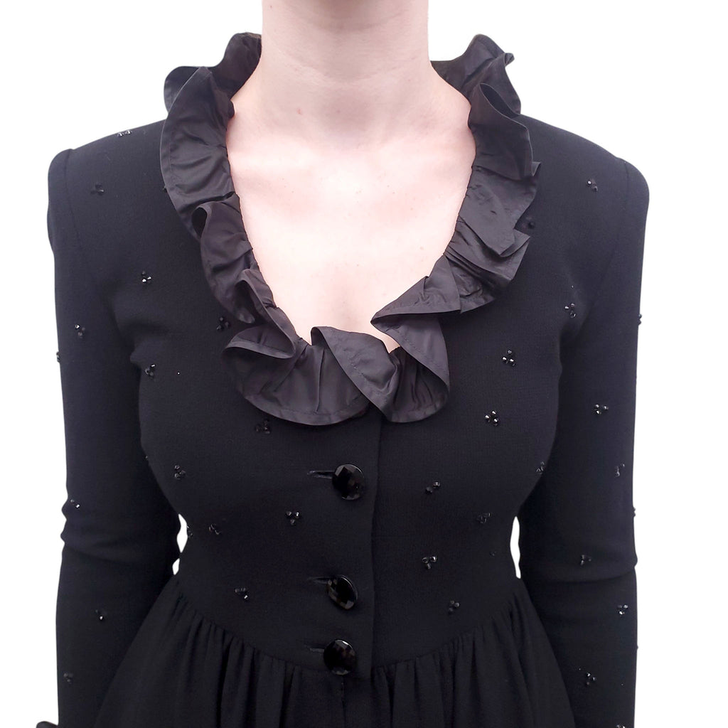 VALENTINO BLACK DRESS WITH CRYSTAL AND RUFFLE COLLAR DETAILS - SIZE 6