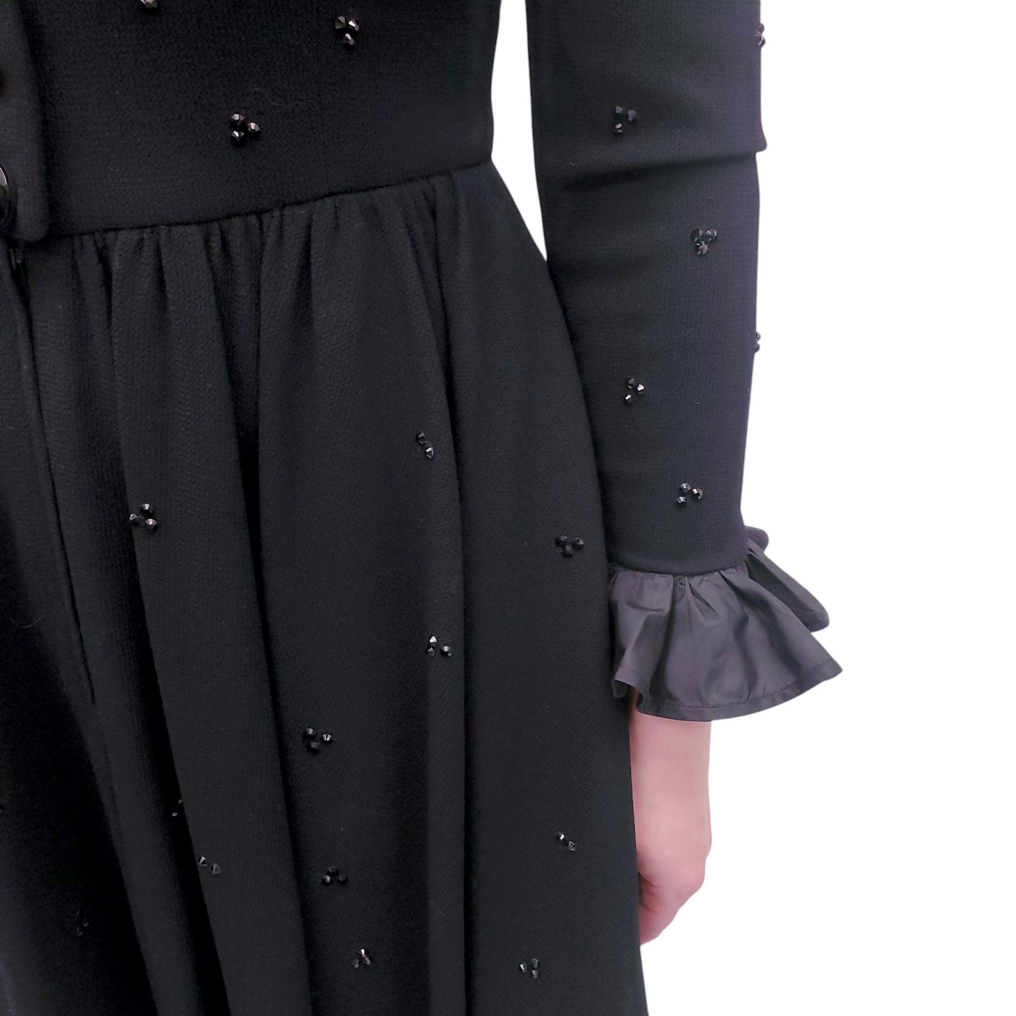 VALENTINO BLACK DRESS WITH CRYSTAL AND RUFFLE COLLAR DETAILS - SIZE 6