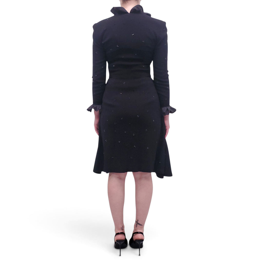 VALENTINO BLACK DRESS WITH CRYSTAL AND RUFFLE COLLAR DETAILS - SIZE 6