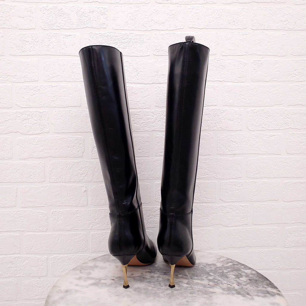 VALENTINO BLACK LEATHER BOOTS WITH GOLD HEEL - SIZE 38.5