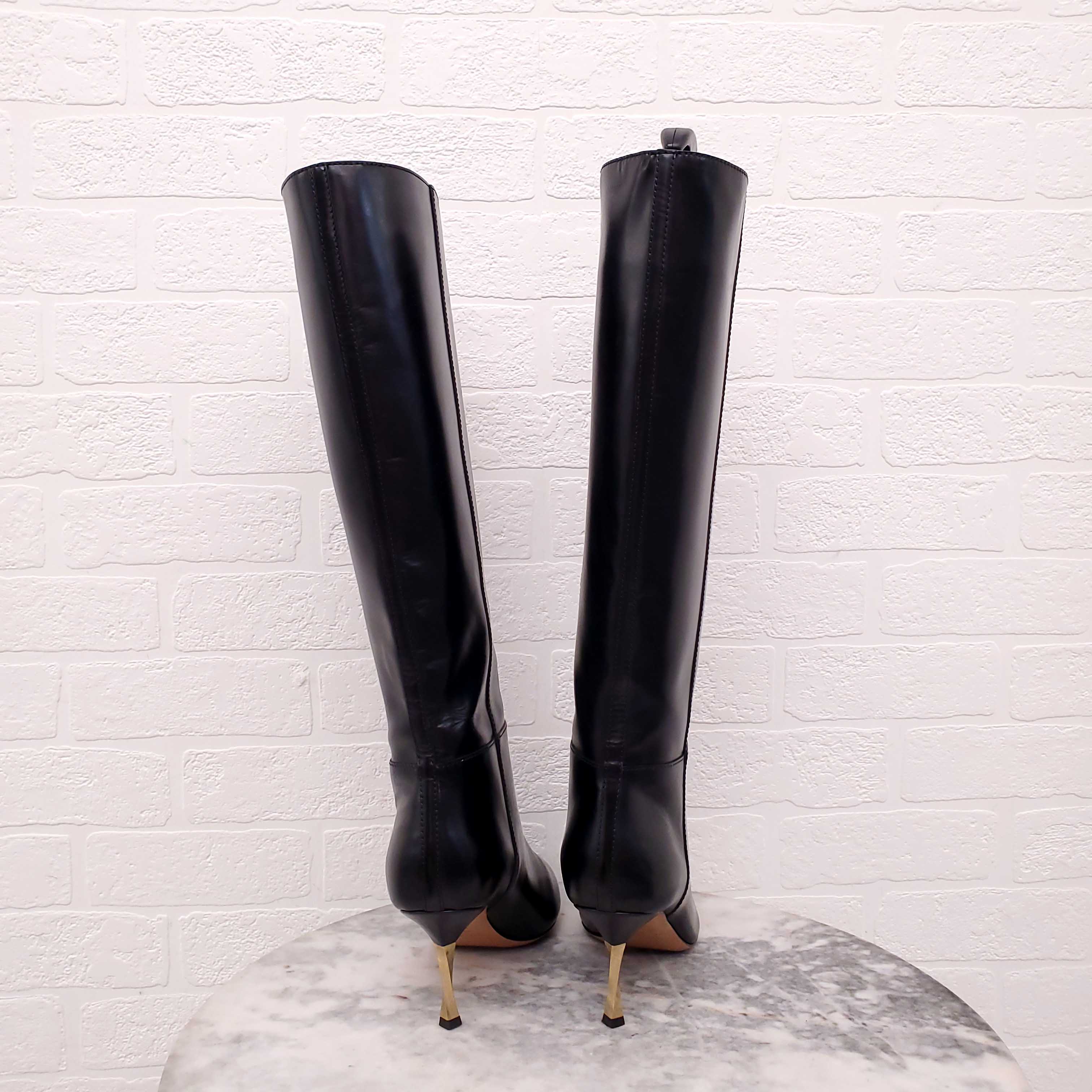 VALENTINO BLACK LEATHER BOOTS WITH GOLD HEEL - SIZE 38.5
