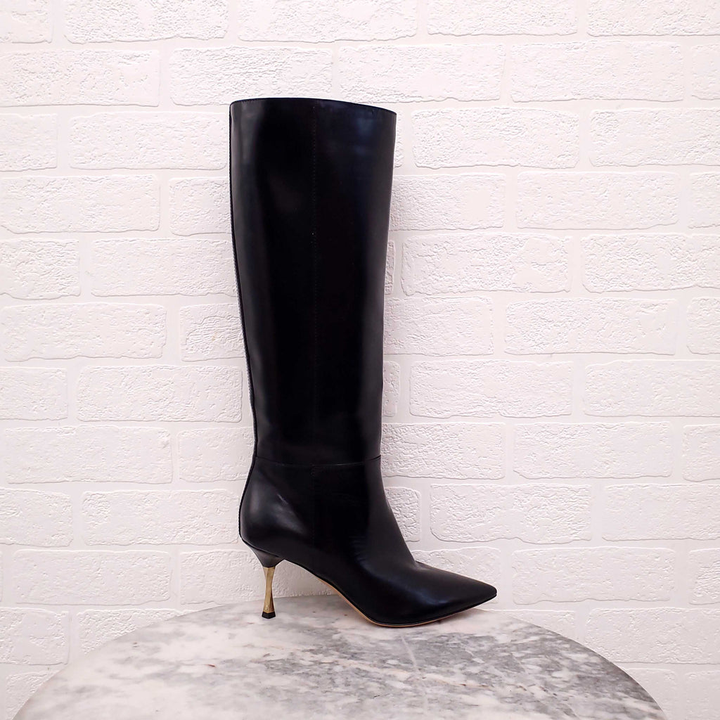 VALENTINO BLACK LEATHER BOOTS WITH GOLD HEEL - SIZE 38.5