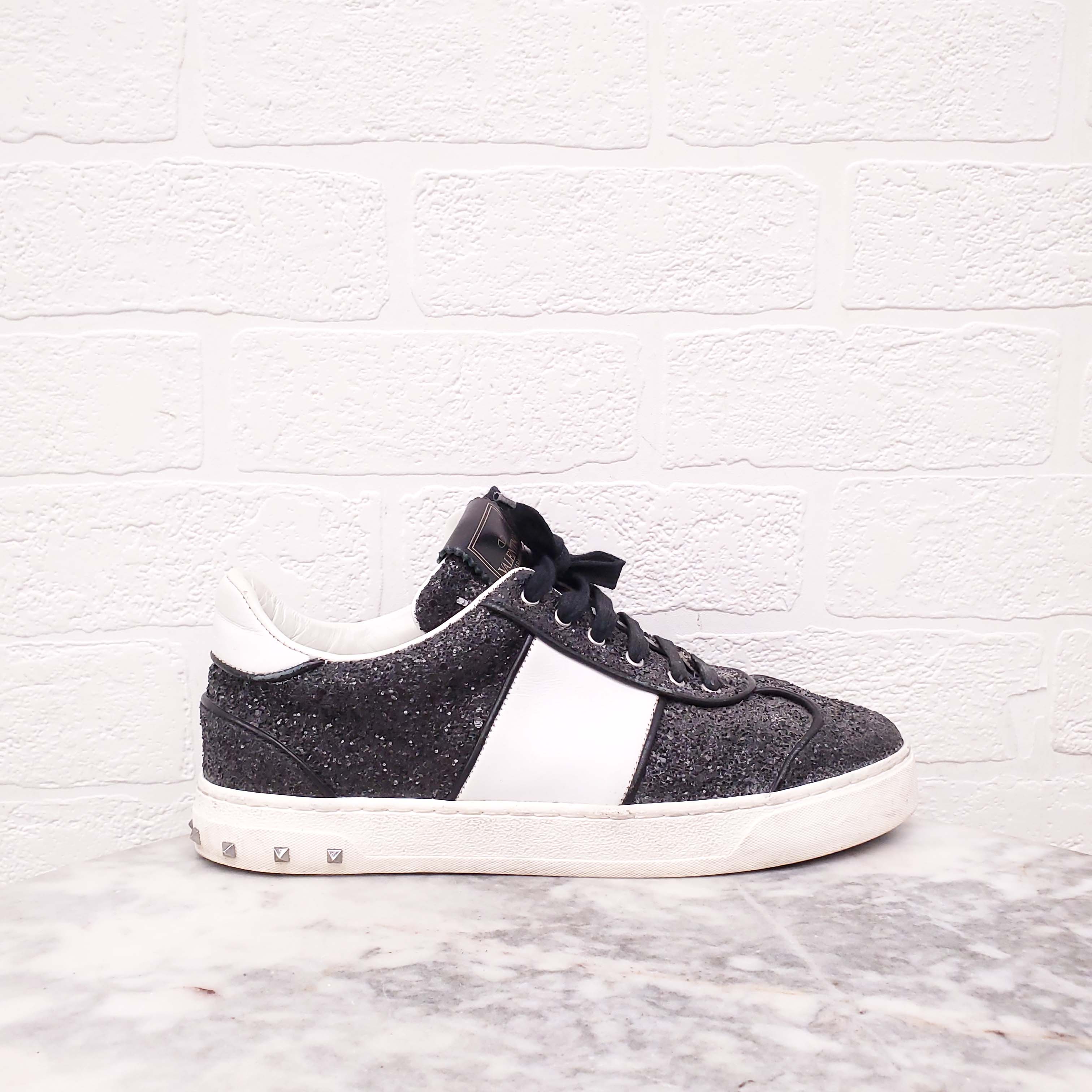 VALENTINO BLACK SEQUIN ROCKSTUD SNEAKERS - SIZE 38.5