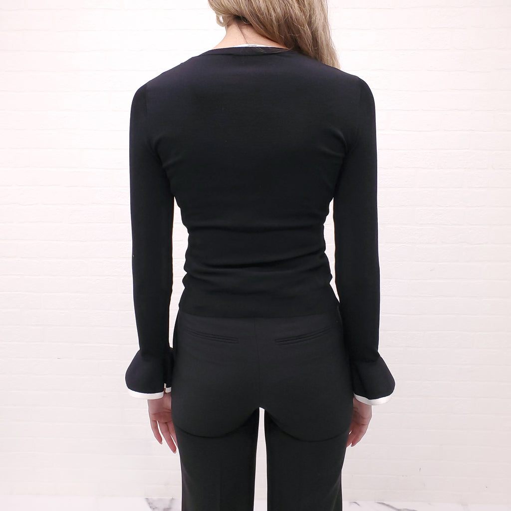 VALENTINO BLACK STRETCH SWEATER WITH CREAM PIPING - SIZE XS