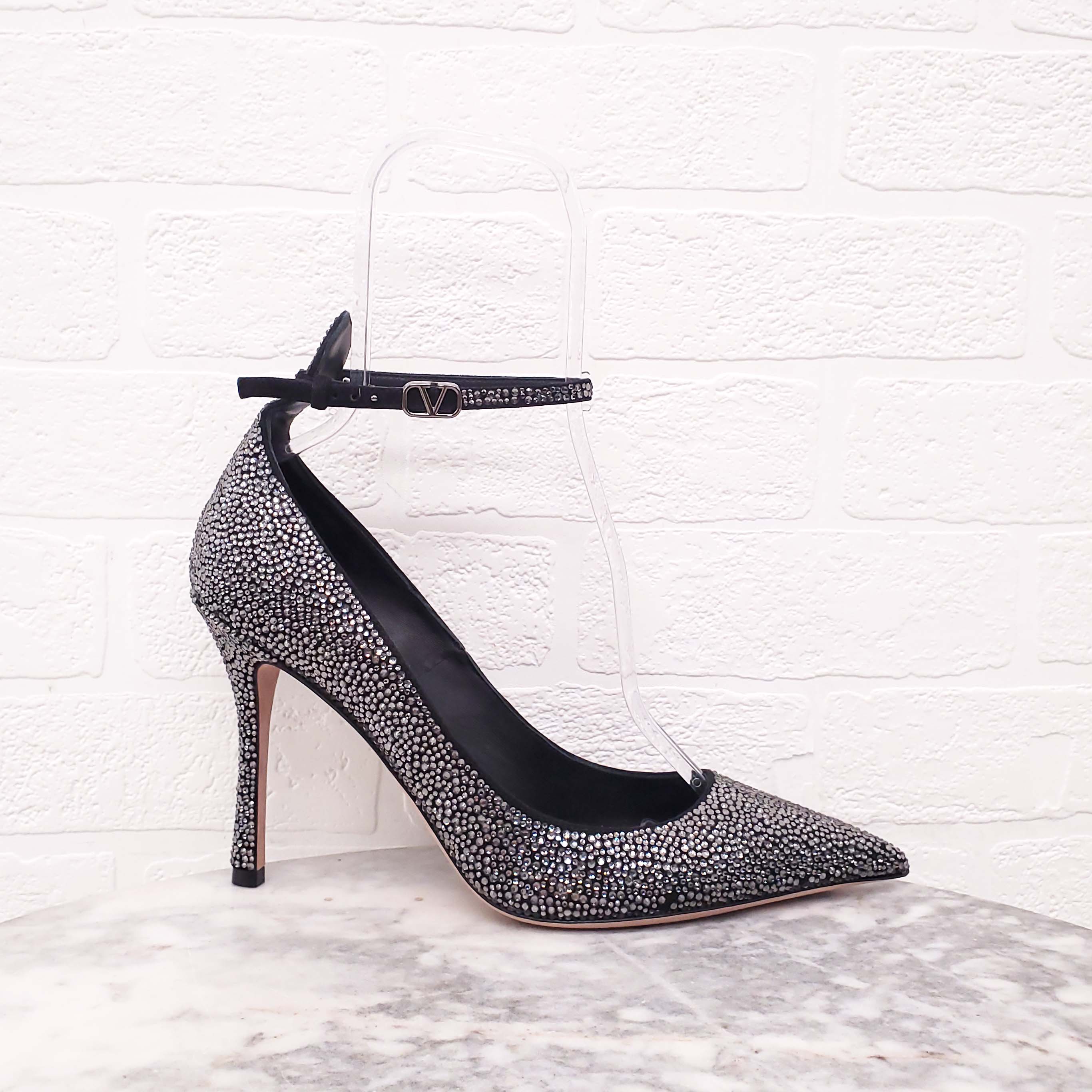 VALENTINO CRYSTAL POINTED HEELS WITH LOGO STRAP - SIZE 40