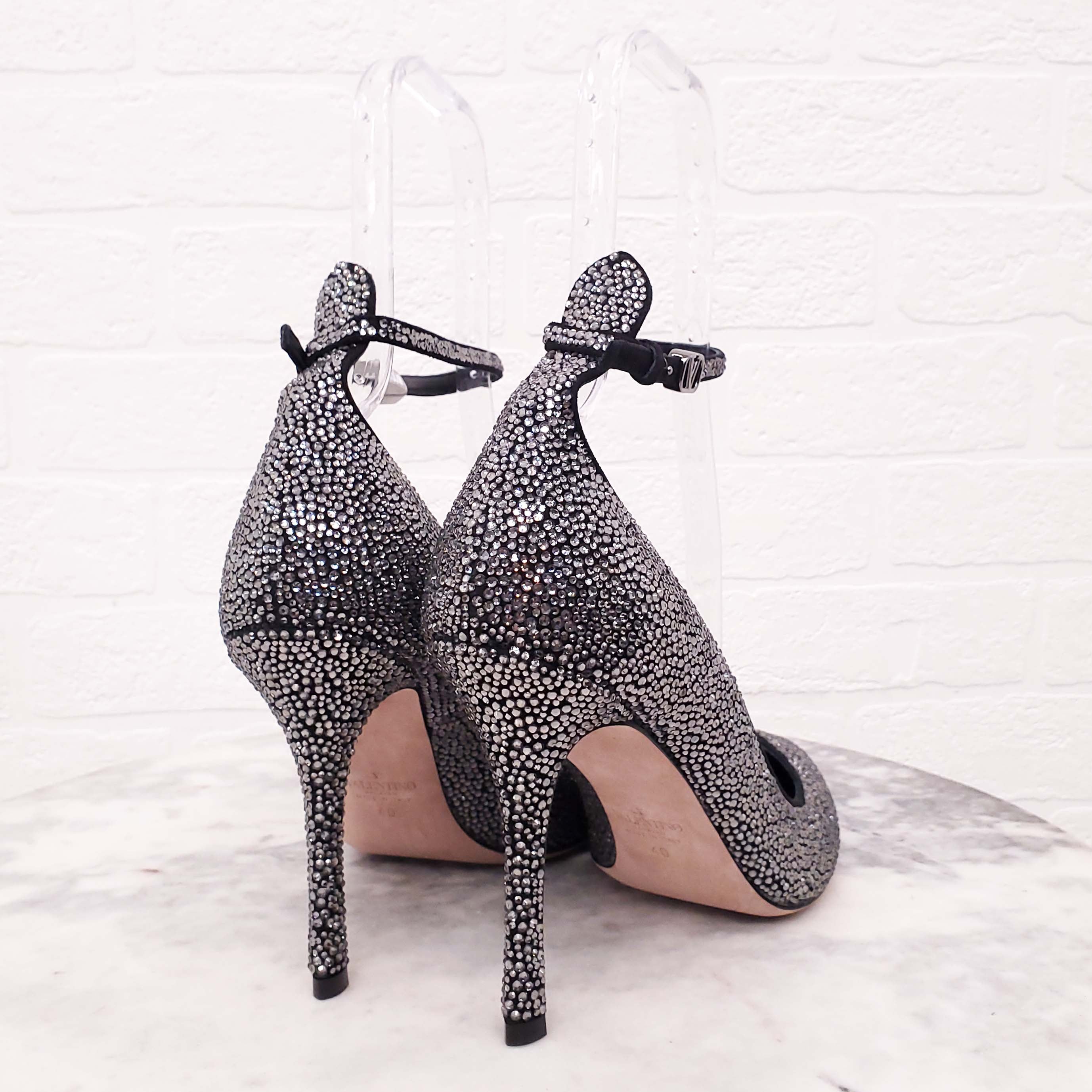 VALENTINO CRYSTAL POINTED HEELS WITH LOGO STRAP - SIZE 40